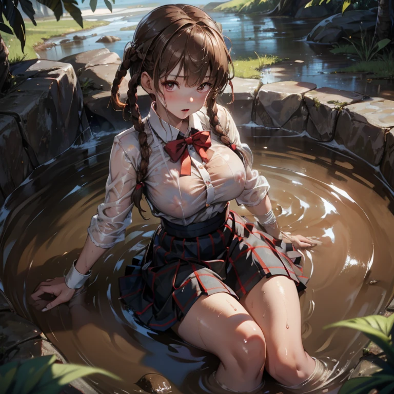 (Masterpiece, best quality:1.2),  , look at viewer , school girl wet white clothes, Soaking wet, dripping wet, Wet hair, Wet skin, translucent, Glittering with oil, fully dressed, Wet muddy field, dripping with mud, Arms full of mud, mud hair, lying in the mud, submerged, Covered all over, A face full of mud , dark red skirt , plaid skirt , pleated skirt , The shirt is  shirt , school girl  , red knot , red bow , school , The skirt is next to the . ,  , DOALeiFang, 1girl, brown hair, brown eyes, twin braids, hair rings