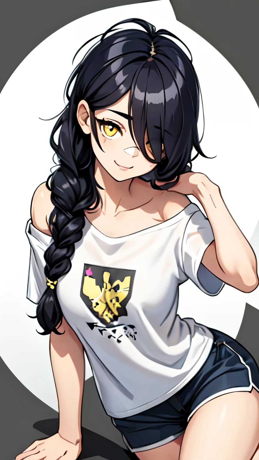 1girl, solo, ultra long hair, looking at viewer, black hair, bandaid on face, yellow eyes, smile, bandaid on nose, braid, bandaid, ultra detailed face, masterpiece, bangs, breasts, bare shoulders, scar, shirt, bare shoulders, white shirt, short sleeves, closed mouth, t-shirt, hair over one eye, portrait, bag, hair over shoulder, shorts, fullbody shot, cute, messy hair