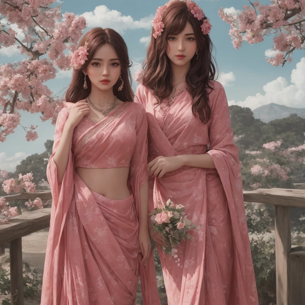 (masterpiece),(best quality:1.0), (ultra highres:1.0), detailed illustration, 8k, anime, 1girl, beautiful anime girl, in a sari, wearing a pink sari, pretty pose, pretty face, detailed face, beautiful eyes, dark red eyes, detailed eyes, red lips, red lipstick, slightly brown hair, pink flower on ear, highlights in hair, standing, red flowers on a tree in the back, open sky with clouds, detailed, intricate, anime style, highly detailed