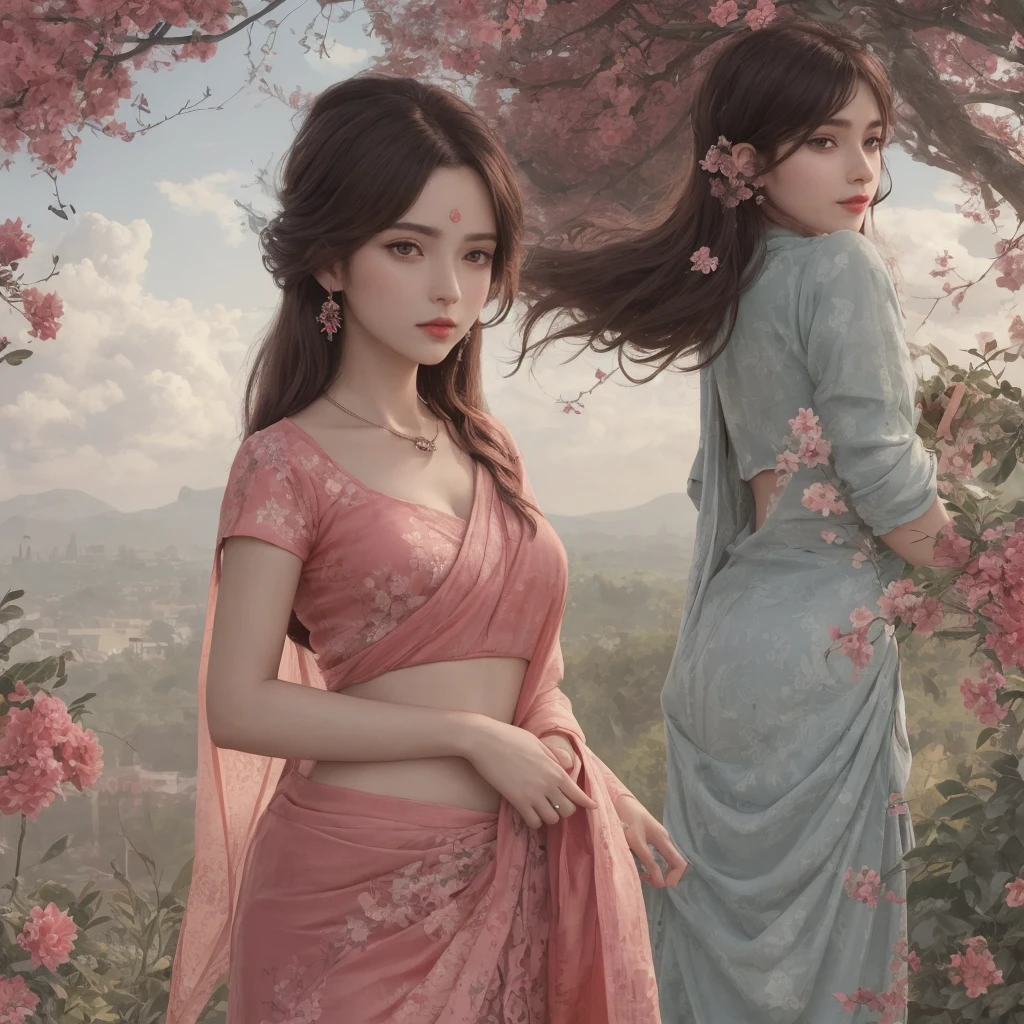 (masterpiece),(best quality:1.0), (ultra highres:1.0), detailed illustration, 8k, anime, 1girl, beautiful anime girl, in a sari, wearing a pink sari, pretty pose, pretty face, detailed face, beautiful eyes, dark red eyes, detailed eyes, red lips, red lipstick, slightly brown hair, pink flower on ear, highlights in hair, standing, red flowers on a tree in the back, open sky with clouds, detailed, intricate, anime style, highly detailed