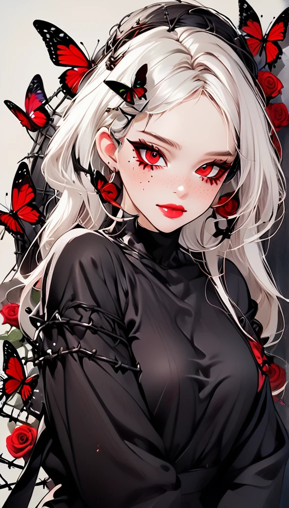 Beautiful young white-haired girl with piercing red eyes, half smile with full lips, black nails, barbed wires everywhere(coiled black barbed wires) Dark red Rose, Rose's,,lots of Butterfly, flying butterfly