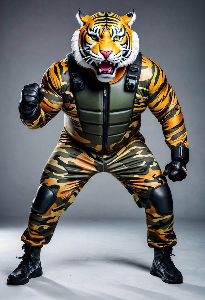 (a dark-skinned fat muscular old man in a bulky camouflage zipper diver suit) shooting with a gun and (wearing realistic roaring tiger mask that show the wearer eyes), muscular, imposing stature, Basuki Abdullah, sumatraism, action, a character portrait, heroic, fierce, snarling, raising fist, best quality