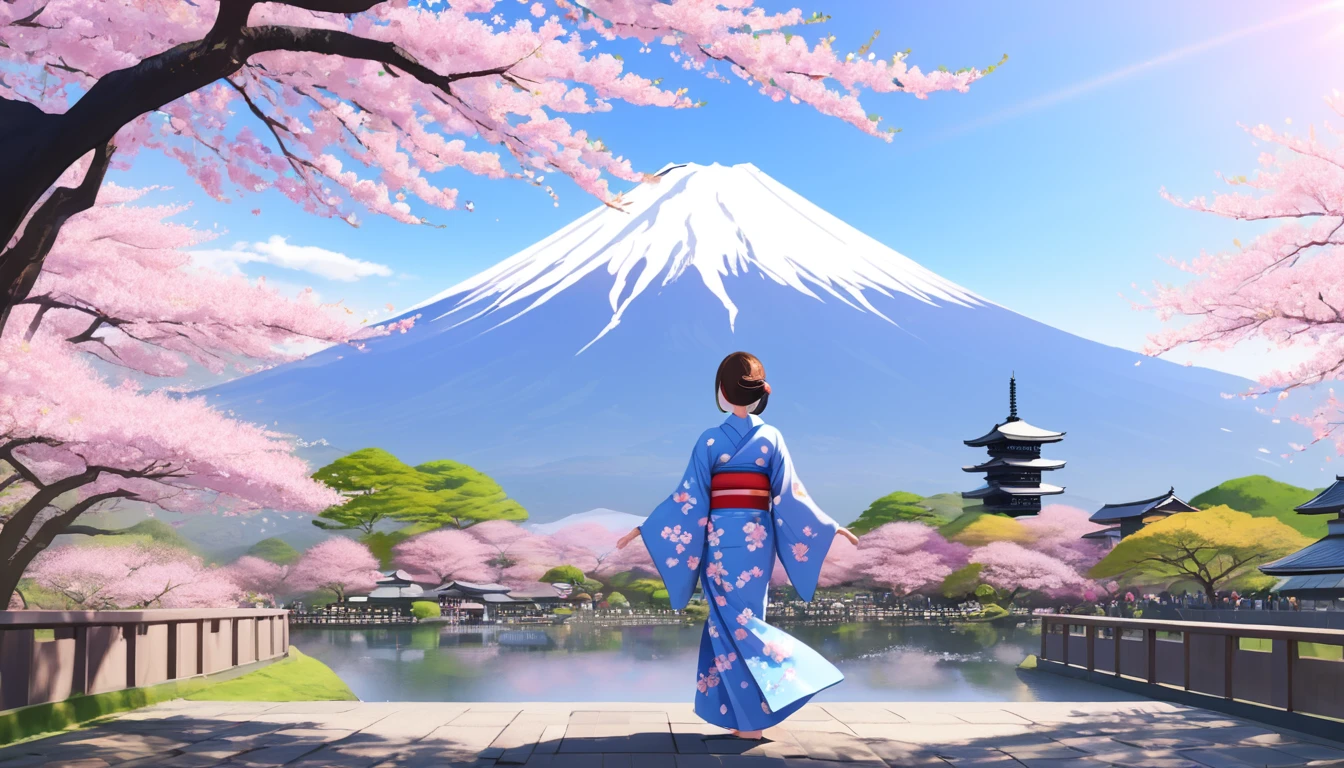 Woman in kimono、cherry blossoms、Japanese Gardens、Fuji Mountain