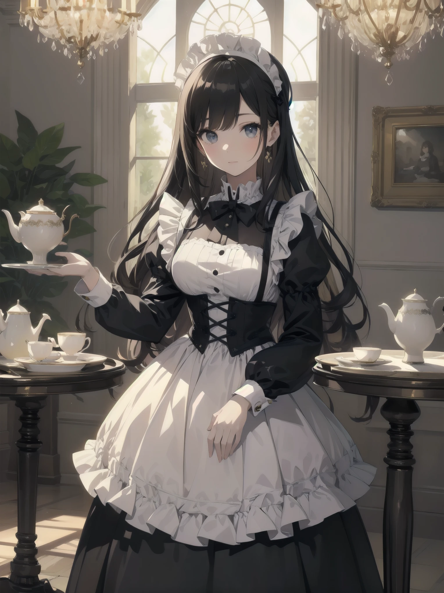 Illustration of a beautiful girl in a cute pose,(Masterpiece: 1.2), (Best quality: 1.2), A cute girl with long black hair, dressed in a classic black and white maid outfit with frilly lace and a matching headband, is standing in a beautifully decorated Victorian-style parlor. She is holding a silver tray with a teapot and teacup, her expression a mix of professionalism and warmth. The background includes ornate furniture, a chandelier, and large windows with heavy drapes, all bathed in soft afternoon light. This illustration emphasizes the elegant and welcoming atmosphere of a high-class tea service