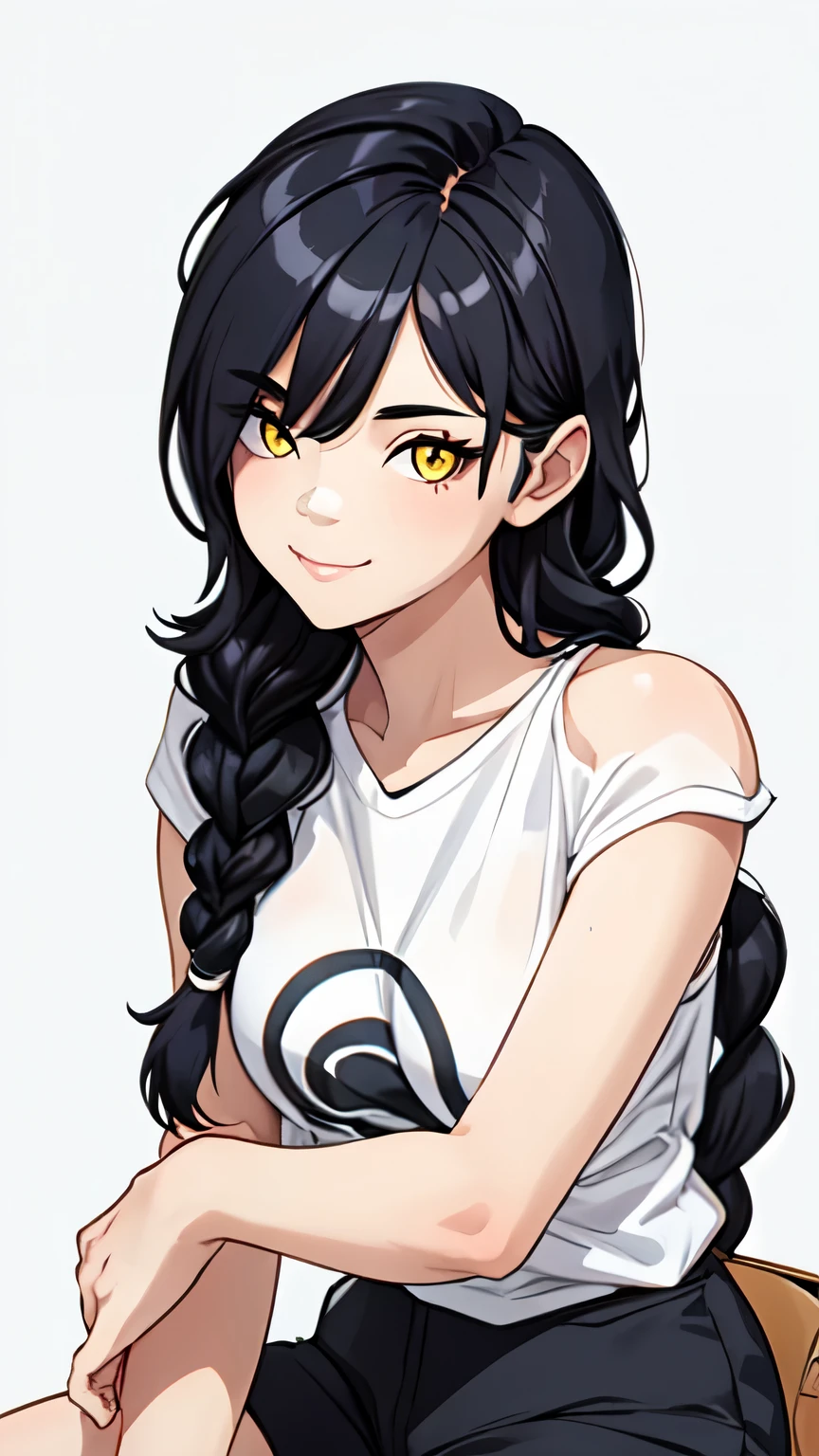1girl, solo, ultra long hair, looking at viewer, black hair, bandaid on face, yellow eyes, smile, bandaid on nose, braid, bandaid, ultra detailed face, masterpiece, bangs, breasts, bare shoulders, scar, shirt, bare shoulders, white shirt, short sleeves, closed mouth, t-shirt, hair over one eye, portrait, bag, hair over shoulder, shorts, fullbody shot, cute, messy hair