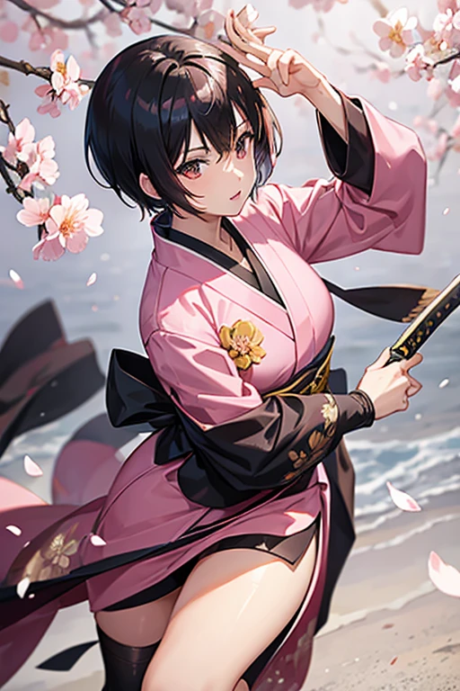 a female with black short hair and wearing a pink sakura kimono. She's holding a sword, posing