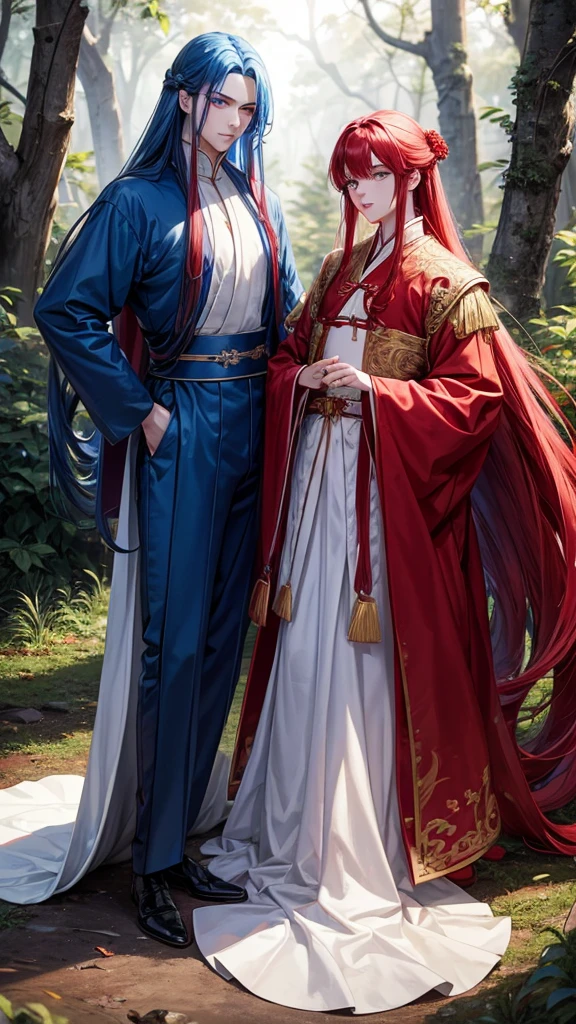 2 young men, without a beard, long blue hair, long red hair, blue eyes, Red eyes, White skin, Blue clothes, red clothes, China, Hanfu, In the woods