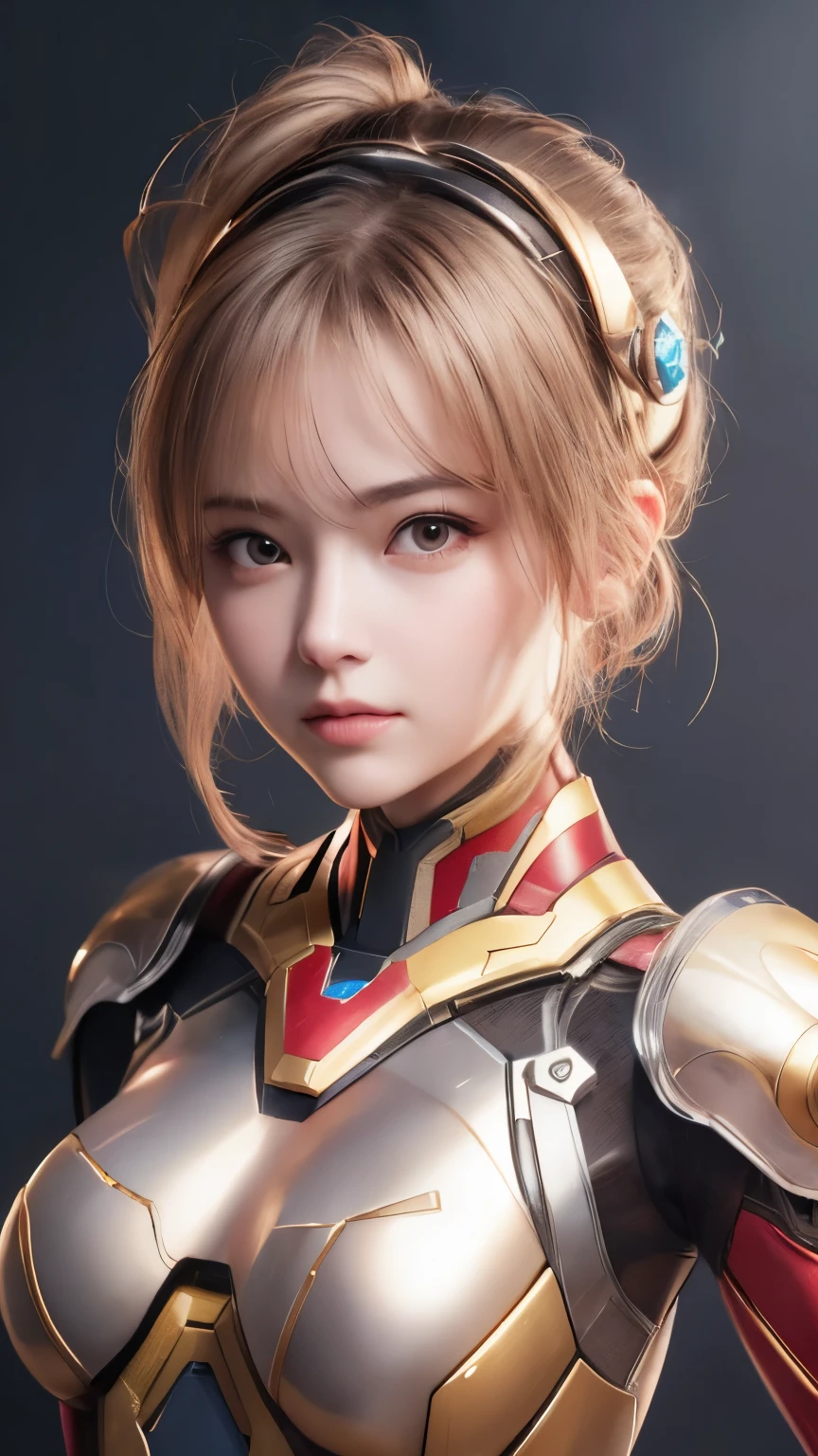 A close-up head and chest portrait of a pretty and cute girl, topless, vulgar breast tight, ripe tits, wearing ironman costume and mask helmet, wet hair, sweat skin, cute appearance. Swarm by goblin, The highly detailed digital rendering captures every aspect of her beauty, from her delicate features to the intricate.