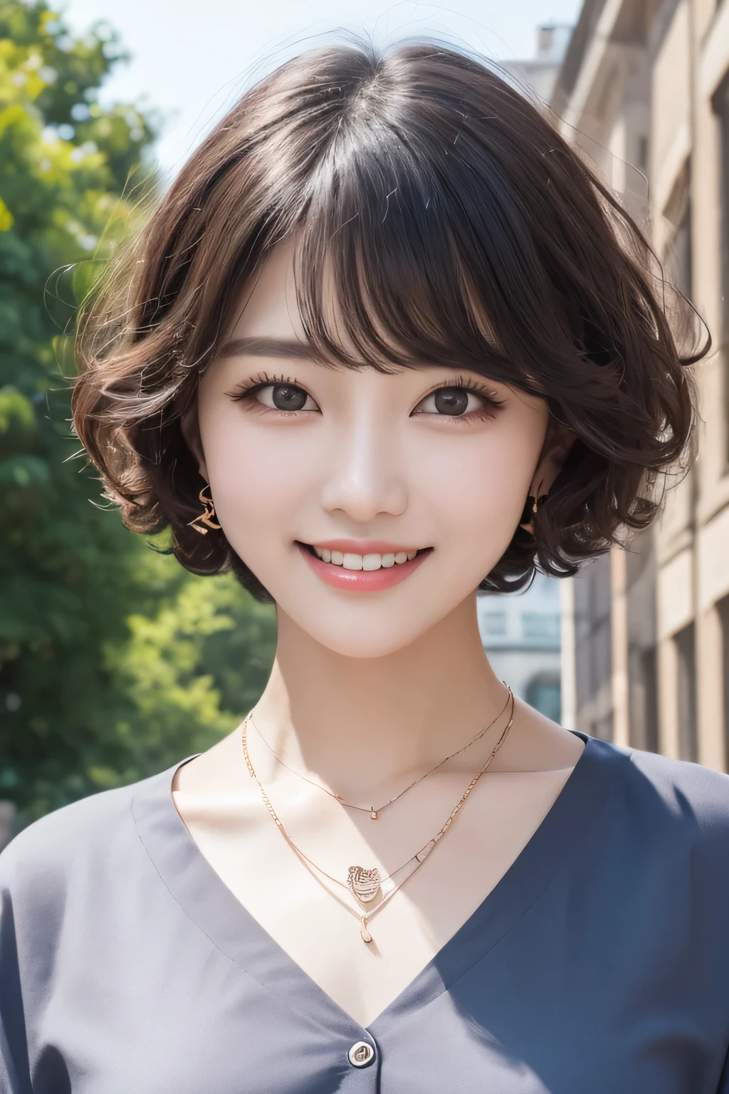 Highest quality, ,smile、Beautiful teeth alignment、Black Hair、Dark eyeliner、Short Haircut、Curly Hair、Long sleeve blouse、ear piercing、necklace, , Face Focus、The background is the building&#39;s corridor.