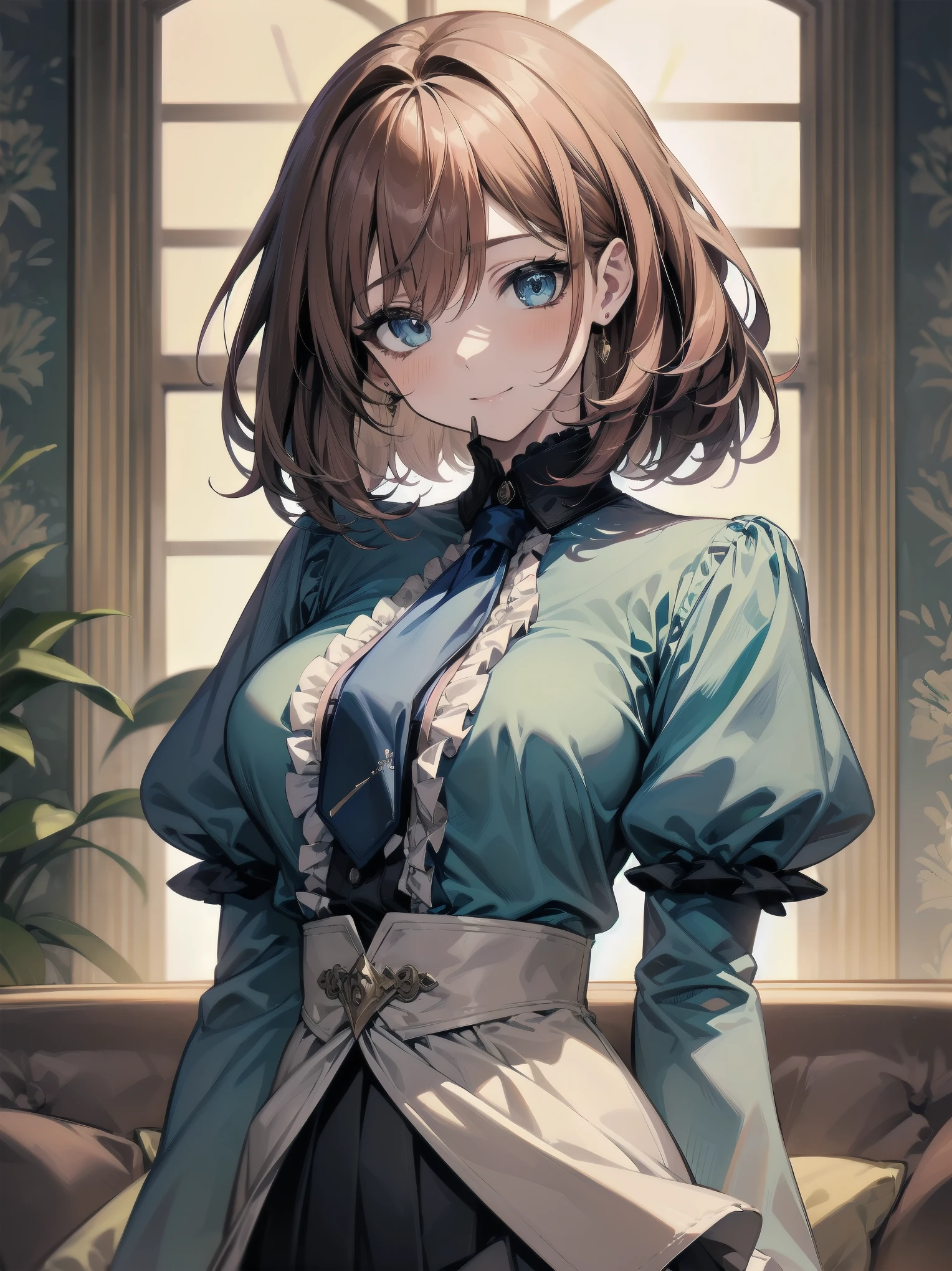 Scene Description: - Composition: Portrait. Focus on the face. Shot from the front. - Subject: Cute girl. (Chibi:1.1). Real person. - Features: - Face: (Cute round face:1.2). - Eyes: Detailed dark blue eyes. - Hair: One-leg bob-cut hair down the front with a large ribbon hairpiece, (golden hair), (red inner hair), auburn hair, hair between the eyes. - Body: Detailed slender body. Large breasts. - Clothing: Pink ruffled blouse, flares, blue ribbon tie, long ruffled sleeves, layered skirt. - Expression: happy expression. Mouth open. - Pose: head tilted back. She is looking at the viewer. - Background: living room of a trendy café. - Elements: Houseplants. Cute pastel sofa. Cute pastel curtains. Cute pastel-colored wallpaper. Time: Daytime. Lighting: (Natural light: 1.4). Art Style: Watercolor. Traditional media. Quality: Intricate details. Highly detailed. Outstanding complexity. (Masterpiece: 1.2). (Highest quality: 1.2). (Absurd absolute resolution: 1.4). Mood: Calm,