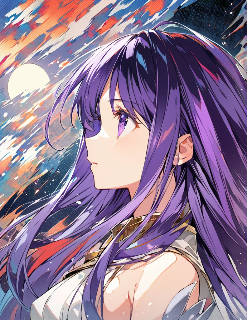 Profile of a brave purple-haired long-haired princess, side boob exposed　Screentone processing　Looking up at the moon　Shaded painting style　Abstract Painting　Nostalgia
