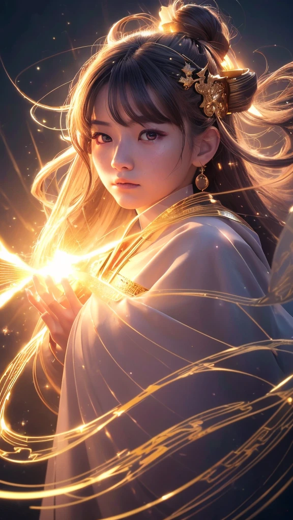 (((8k))), (((High resolution))),((Highest quality)),Beautiful Shrine Maiden,shrine,Upper body only,Close-up of face,beam from right hand,battle mode, gold sparkling aura swirling around the body,fog,mystic atmosphere,Serious face,Ultra-realistic,8k,Ultra-fine,Super detailed