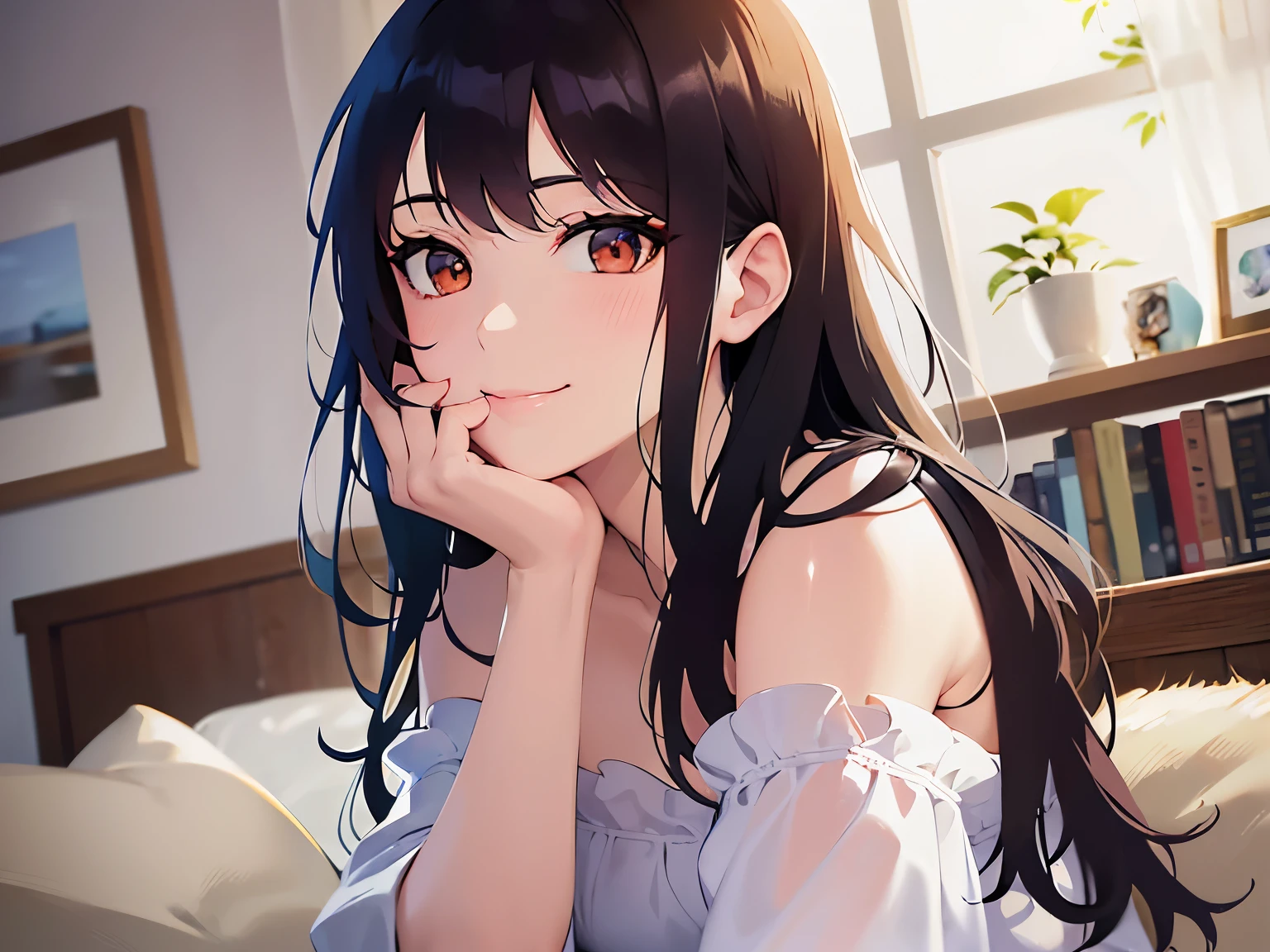 side angle,Detailed CG,Ultra-fine illustrations,masterpiece,Highest quality,BREAK(white:1.5)and(Off-the-shoulder blouse)BREAK,Realistic,Real person,RAW Photos,Realistic(青whiteい肌:1.2),Glowing Skin,Shiny Hair,(A 27-year-old woman with medium-length hair and bangs)and(Wavy Hair)and(Brown Hair)and(Orange eyes),(light smile:1.3),The background is the living room,alone