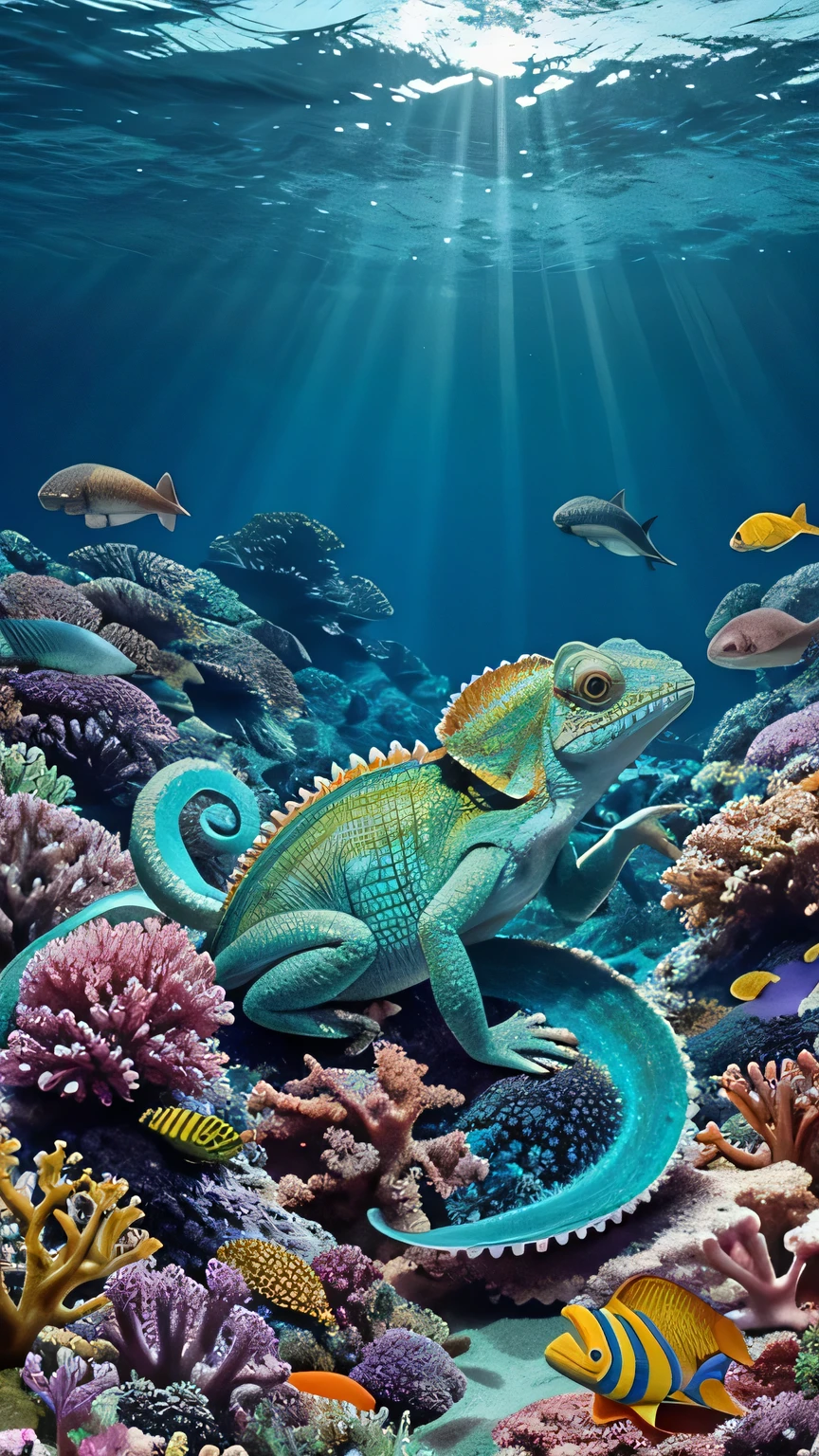 Generate an image of a Chameleon under the ocean. Changing colours. Surrounded by beautiful marine animals and flowers. An octopus changing the colours watching the chameleon. Daytime