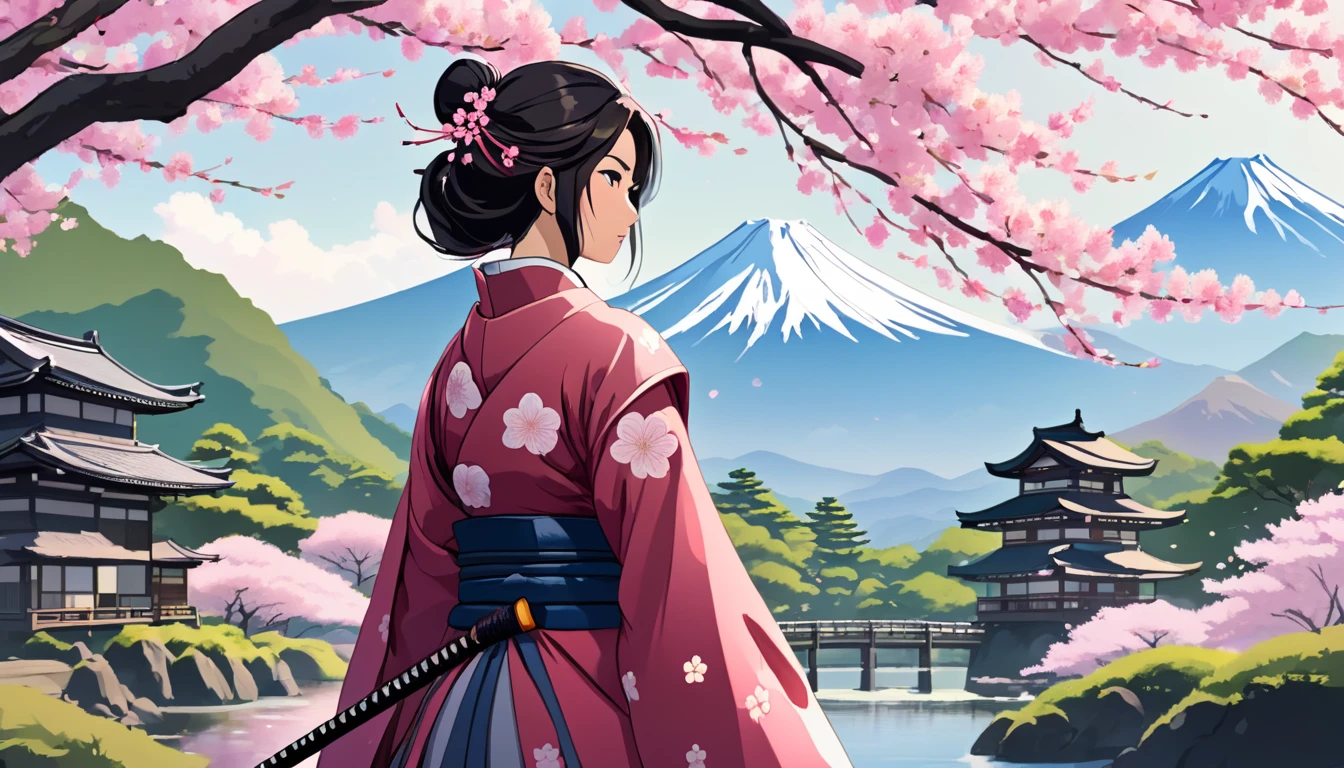 Female samurai、cherry blossoms、Japanese Gardens、Fuji Mountain、Anime Style