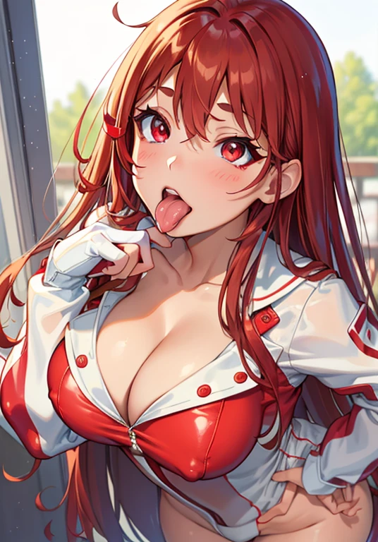 cleavage, ,brown hair, red eyes, red fingerless gloves, glowing aura, natural light, masterpiece, brown hair, red eyes,glossy skin, juicy lips ,long hair, cute, kawaii, adorable, adult, big , from above, fishnets, white and pink jacket, tounge out, taking jacket off, ahegao