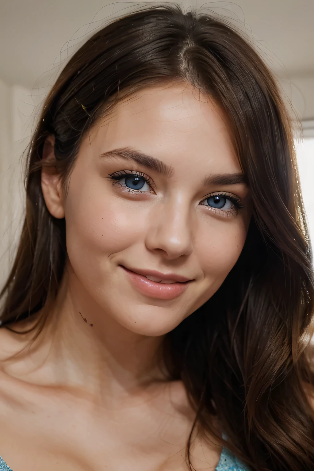 A portrait of a beautiful brunette woman, looking at the camera, with realistic grey-blue eyes, with dimples on the cheeks, smiling slightly, and with visible shoulders.