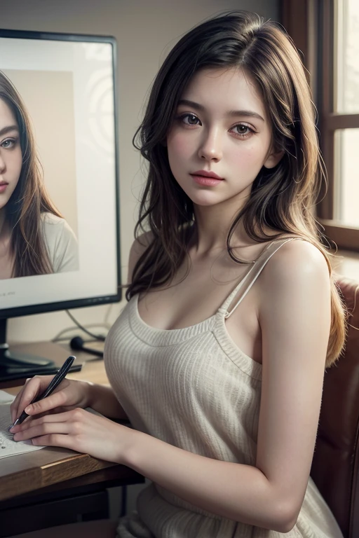intricate digital painting, beautiful young female writer, elegant expression, relaxed pose, personoffice,Second Life virtual world, watercolor effect, soft colors, warm lighting, highly detailed, cinematic composition, photorealistic, masterpiece, 8k, best quality