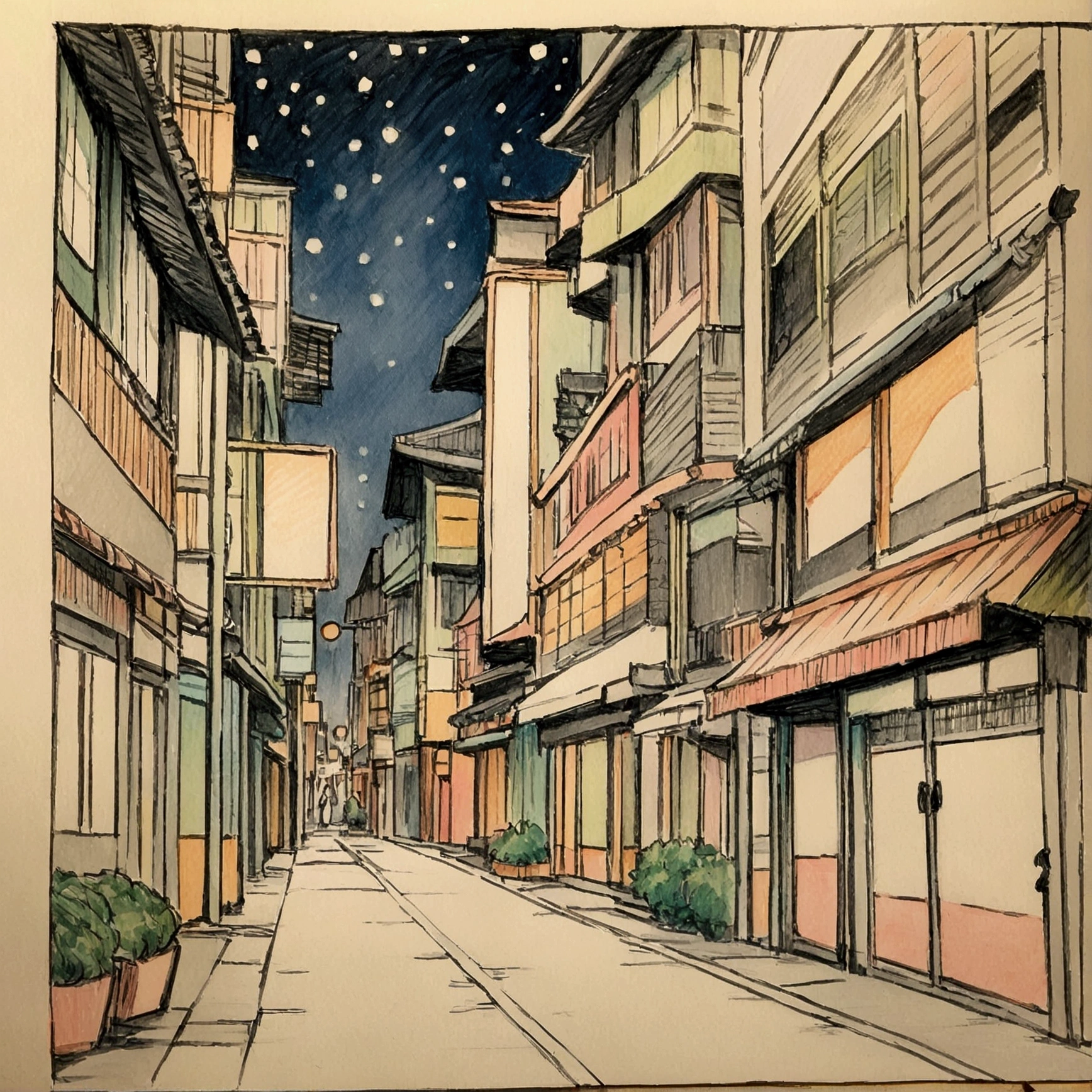 Japanese downtown area, night, woman, colored pencil style