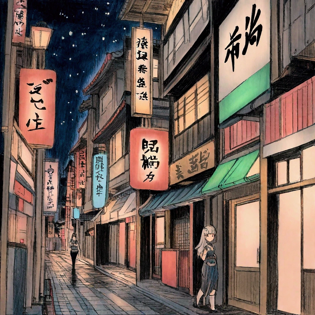 Japanese downtown area, night, woman, colored pencil style