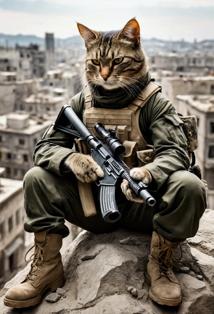 a cat with human shapde body in a full military outfit while holding a gun with one hand sitting on a rock in a war city looking down and being broken