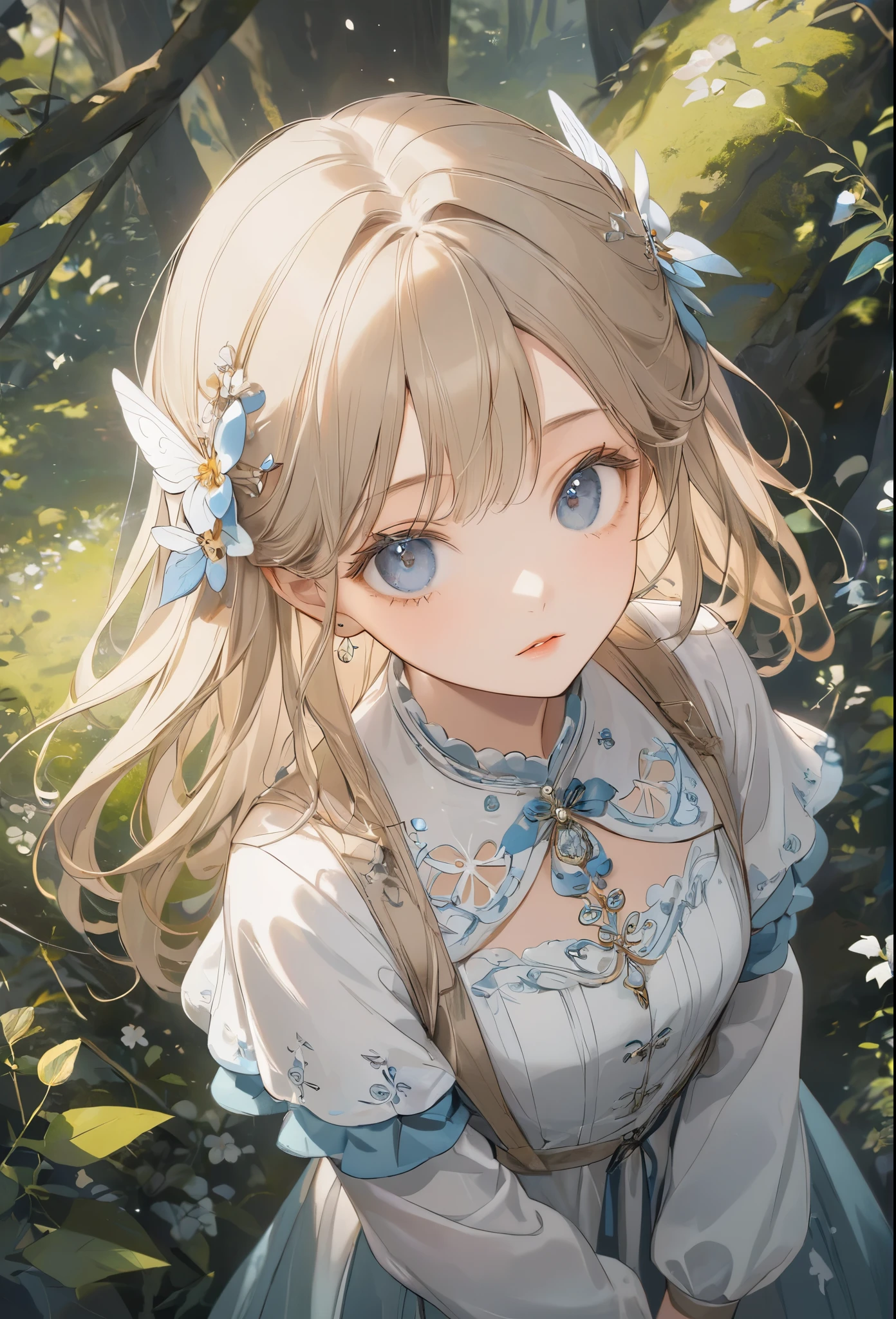 Gothic art, retina, masterpiece, highres, best quality, high details,A fluffy white fairy who lives in the forest、learning forword、looking up、from above、Blue and white outfit、Beige hair color