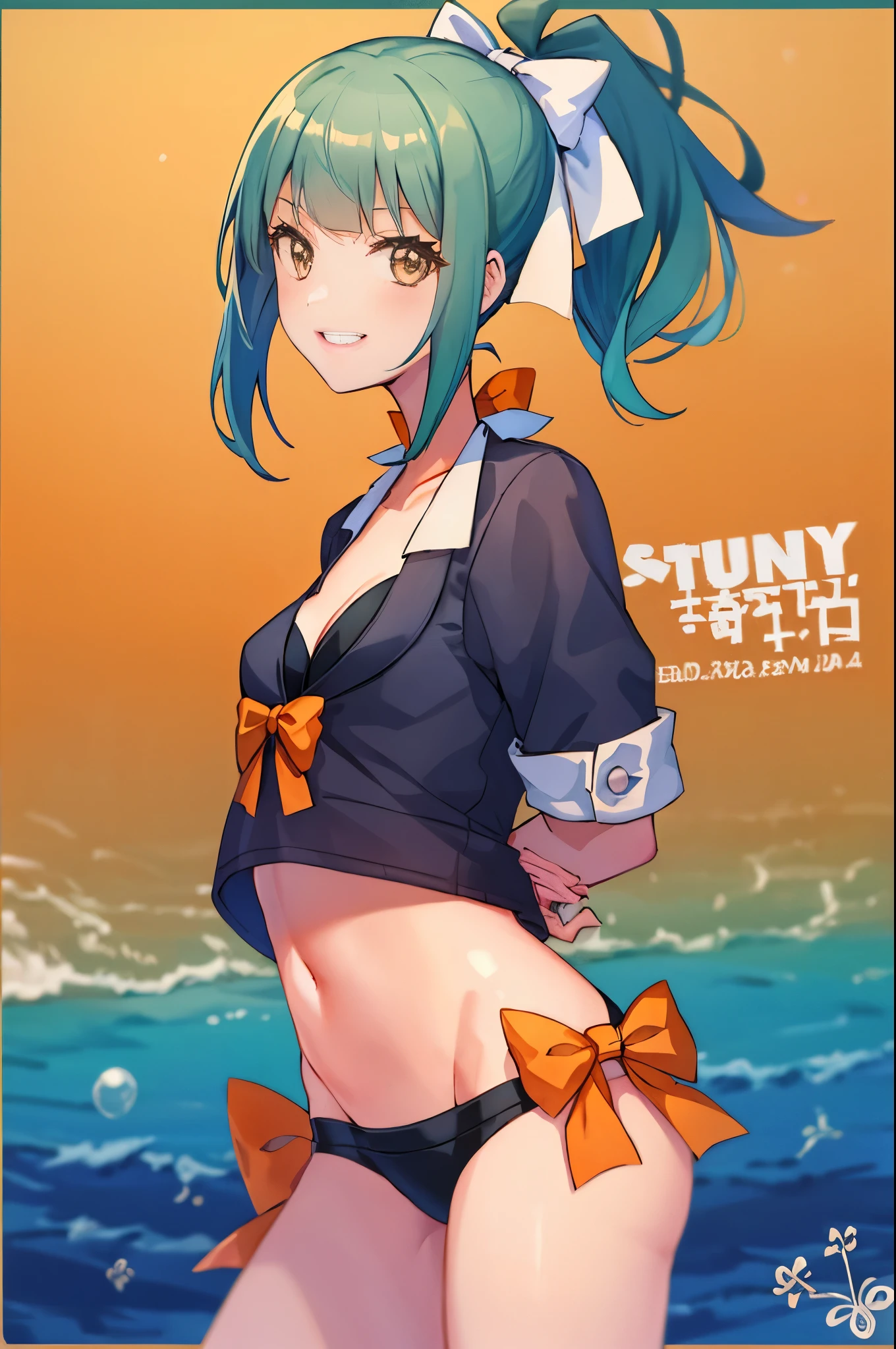 (masterpiece, Highest quality:1.2), Cowboy Shot, alone, 1 girl, Yubari summer, smile, Looking at the audience, Place your arms behind your back, ponytail, Hair Ribbon, bikini, bow