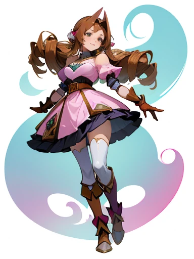 Imagine a full body masterpiece, Perfectly detailed with 4K full HD quality in an anime style, inspired by genshin impact. Imagine a girl with a curvy body, medium breasts, hip_bones, perfect hands, perfect legs, Long hair, Brown hair, drill hair style, beautiful eyes, almond eyes, aquamarine eyes, flirtatious look, smile, smile tierna, boca, full lips, carmine lips. Wear a beautiful pompous mini dress in pink, high heel boots, leather knee pads, leather gloves, leather armor, heart breastplate, wide leather belt, a single leather shoulder pad. is standing, with his legs apart, loose arms, lies on a white background.