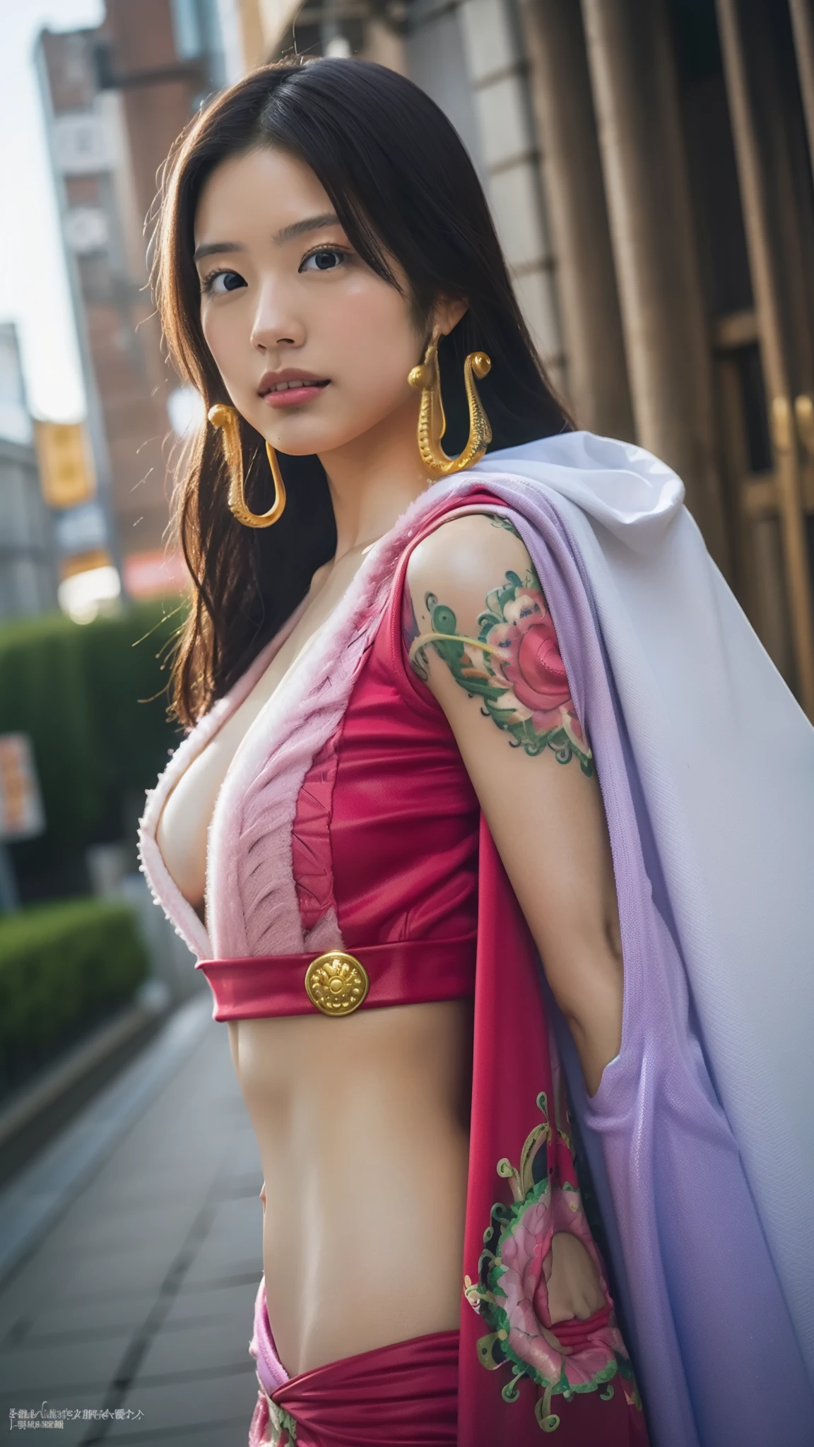 Moisturized skin, (Pink and bright eyes), (Looking down on people), Perfect body,
BREAK,
(Black grass tattoo on body),
BREAK,
(Beautiful navel), (Side slit), (Epaulets), Cape, Crop top, Cloak,
BREAK,
(Super long hair), (Large gold and curved earrings: 1.2),
BREAK,
(Realistic: 1.3), Ultra high resolution, (Dynamic angle: 1.4), (Highly detailed skin: 1.2), (Full body: 1.2), Symmetrical, One shot,
BREAK,
(Japanese city streets: 1.3),
BREAK,
(ONE PIECE), (Kasumi Arimura's face: 1.4), (Boa Hancock: 1.3), ((Large snake)),