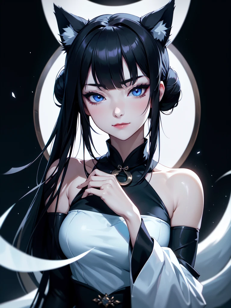 (((Portrait Photo))), She has the Appearance of a Regal r, with a Strong, Muscular Build, and Cold White Skin that Exudes Elegance. She has Long Black Hair, Styled in Odango-Shaped Buns which Resemble Wolf Ears. Her Icy Blue Eyes Reflect the Piercing Gaze of a Husky—Intense, Intelligent, and Unyielding. She is Dressed in a Black Cheongsam with Bare Shoulders and Loose Sleeves. Her Expression is Calm and Composed, with a Subtle, Knowing Smirk, Perfectly Embodying the Essence of Pride and Excellence. (((High Quality, Dark Background))), (((Portrait Photo)))