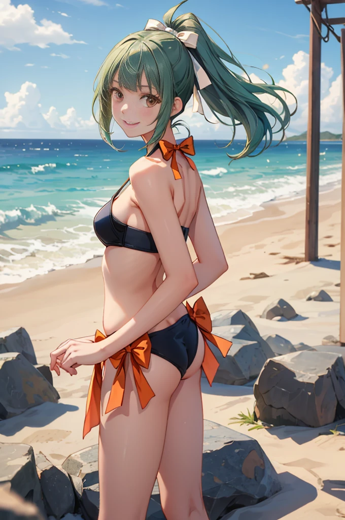 (masterpiece, Highest quality:1.2), Cowboy Shot, alone, 1 girl, Yubari summer, smile, Looking at the audience, Place your arms behind your back, ponytail, Hair Ribbon, bikini, bow