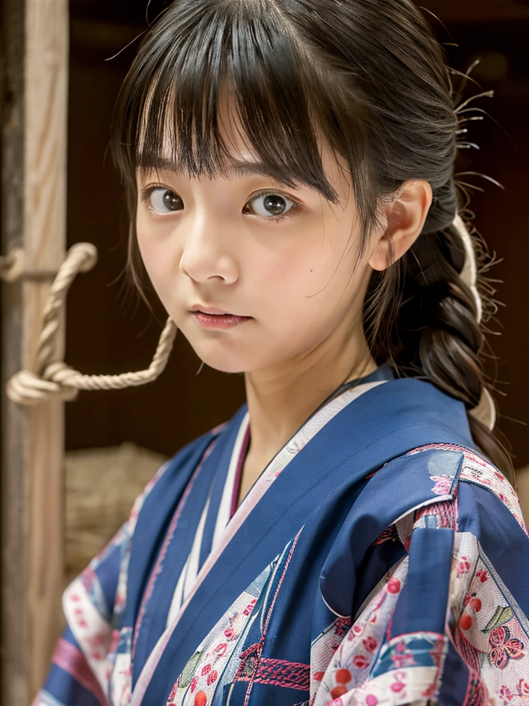 ((highest quality, masterpiece :1.3)), Photorealistic、Ultra-high resolution、Natural skin texture、Hyperrealism、super close up、Beautiful Japanese girl in her early teens、japanese kimono、bdsm with rope、playroom、Frightened expression、My eyes are watering