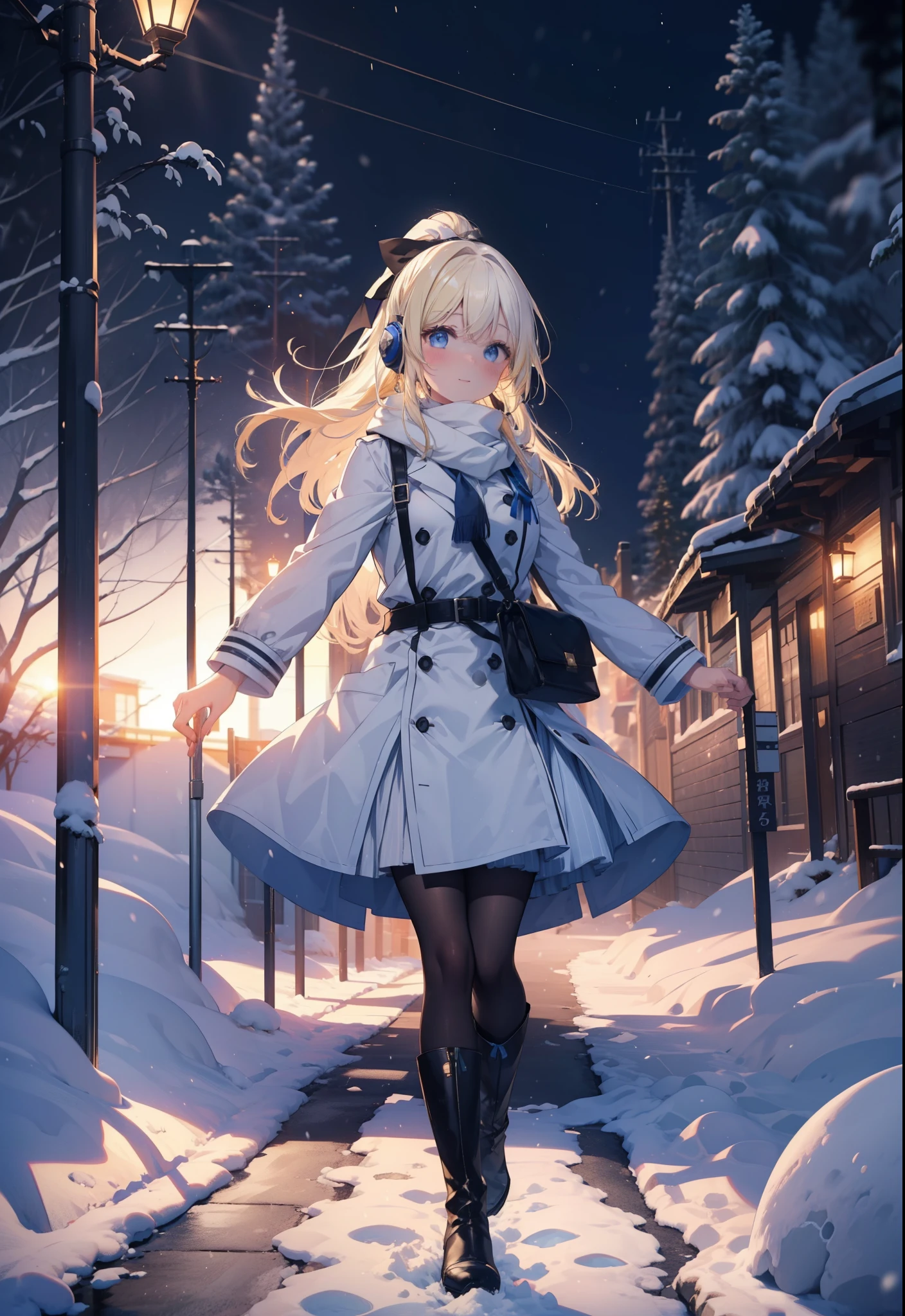 Eliase, catalyst, Yellow Hair, blue eyes, Long Hair,Hair Ribbon,ponytail,Earmuffs,smile,blush,Open your mouth,White Breath,White scarf,Light blue long coat,White long skirt,Black pantyhose,short boots,Walking,snowが降っている,snowが積もっている,snow,snow,snow,night,whole bodyがイラストに入るように,
break looking at viewer,whole body,
break outdoors,Residential Street,
break (masterpiece:1.2), Highest quality, High resolution, unity 8k wallpaper, (figure:0.8), (Beautiful attention to detail:1.6), Highly detailed face, Perfect lighting, Highly detailed CG, (Perfect hands, Perfect Anatomy),