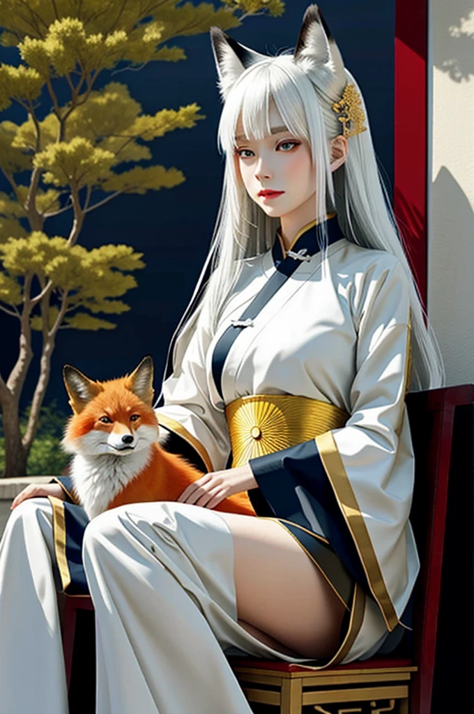 Anime,woman,fox,ancient chinese dress,white hair,golden eyes,has nine tails,((Good quality)),((proportional picture))