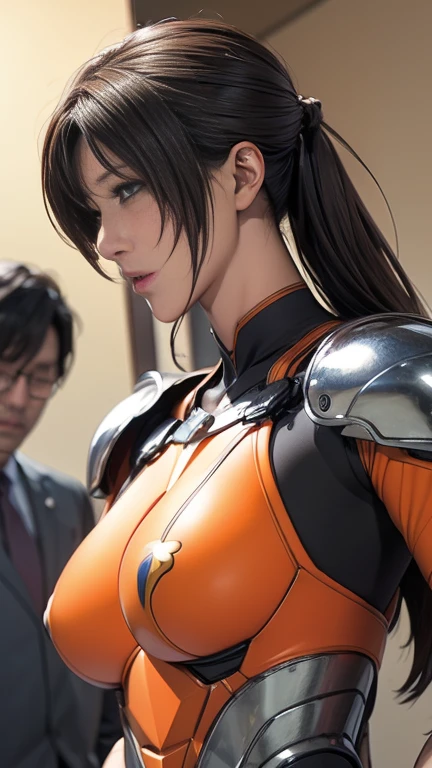 8k,Realistic skin texture、Superrealism、Realistic photos、Futuristic Japanese female soldier standing amongst rubble、Damaged orange and white metal armor、Muv-Luv's style armors、Butterfly mark on the armor、Unit Paint and Identification Number、Peeling paint、oil stains、fighting spirit、Detailed Description、Dynamic pose ,Huge breasts,The only person,black eye、{{{{{whole body:1.9}}}}}