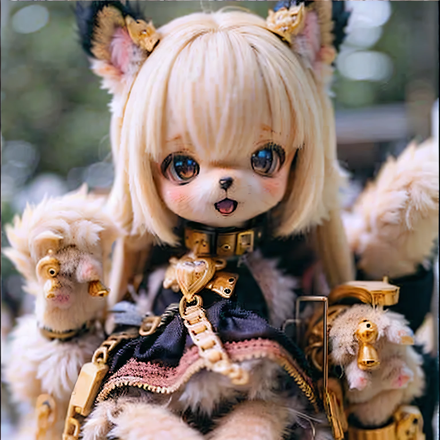 (Tabletop), Highest quality, Expressive eyes, Perfect Face girl,Huge breasts :1.0,completely ,(Tea skin),(Stripe Skin),(dog:1.0),(Furry:1.5),(collar),
grassland, stream, wood, flower