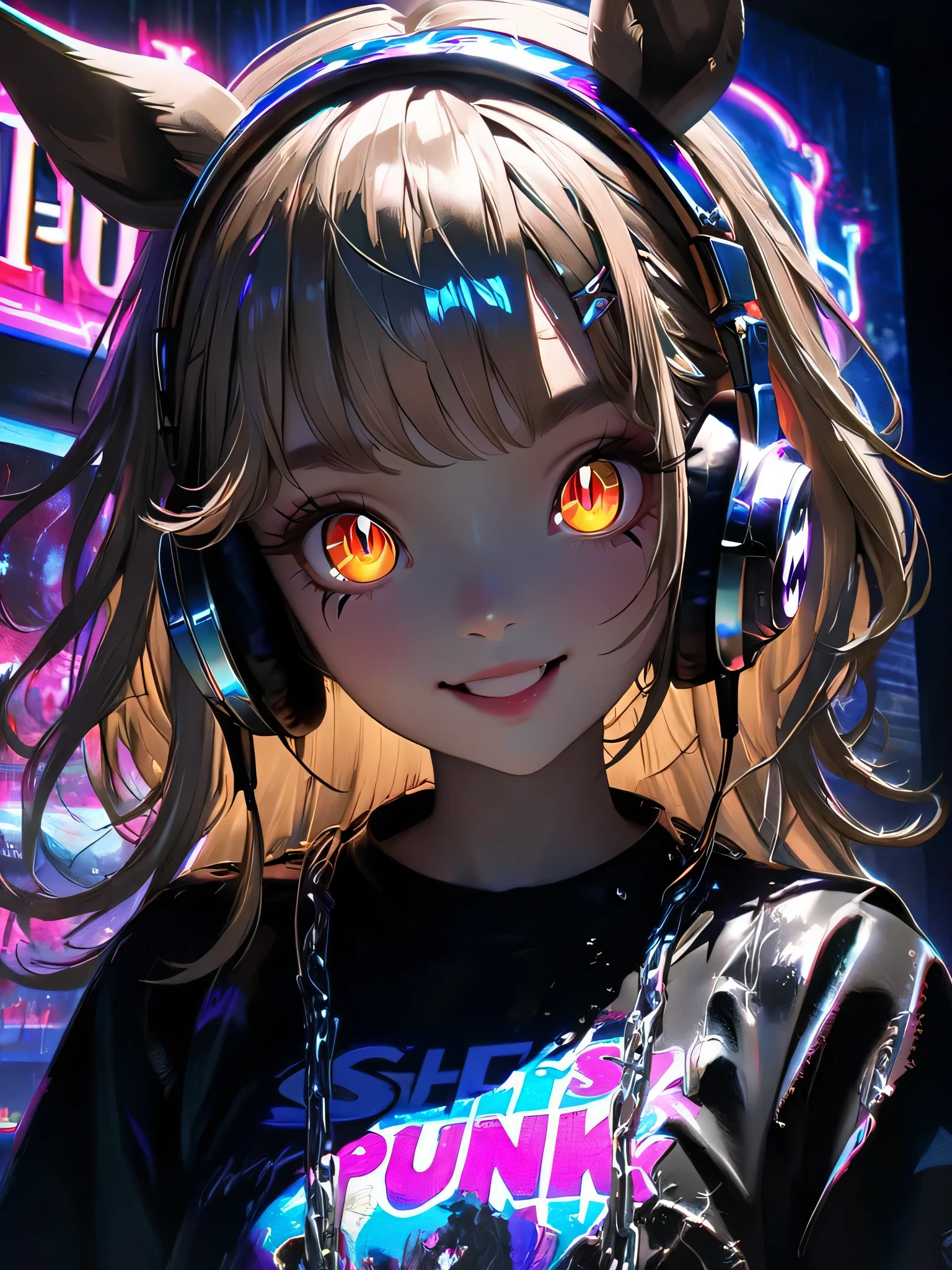 1 girl, chromatic aberration, Written boundary depth, Soft Light, masterpiece, Highest quality, complicated, Tone Mapping, Very detailed, Art Station, Concept Art, Smooth, Clear focus, Dramatic lighting, Very detailed artwork, movie, super practical painting, Art Station's trending, 8k, Incredible Shadows, practical, (Very detailed background:1.0), whole body, View, Viewers, Very detailed portrait of one girl 1, standing on street corner, Heavy rain and lightning、Dark Sky, neon and cyber punk background, she is dressed in punk clothing with silver chains and silver spikes, Her hair was dyed light brown....,The middle part is black, She is wearing headphones, Detailed brown eyes with distinct pupils, Ominous aura of light, smile, punk, ciber punk, Backlight.、,Approaching the horse.No headphones needed、It looks just like a horse