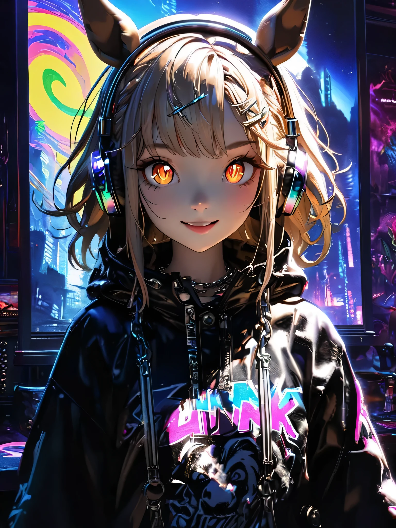 1 girl, chromatic aberration, Written boundary depth, Soft Light, masterpiece, Highest quality, complicated, Tone Mapping, Very detailed, Art Station, Concept Art, Smooth, Clear focus, Dramatic lighting, Very detailed artwork, movie, super practical painting, Art Station's trending, 8k, Incredible Shadows, practical, (Very detailed background:1.0), whole body, View, Viewers, Very detailed portrait of one girl 1, standing on street corner, Heavy rain and lightning、Dark Sky, neon and cyber punk background, she is dressed in punk clothing with silver chains and silver spikes, Her hair was dyed light brown....,The middle part is black, She is wearing headphones, Detailed brown eyes with distinct pupils, Ominous aura of light, smile, punk, ciber punk, Backlight.、,Approaching the horse.No headphones needed、It looks just like a horse