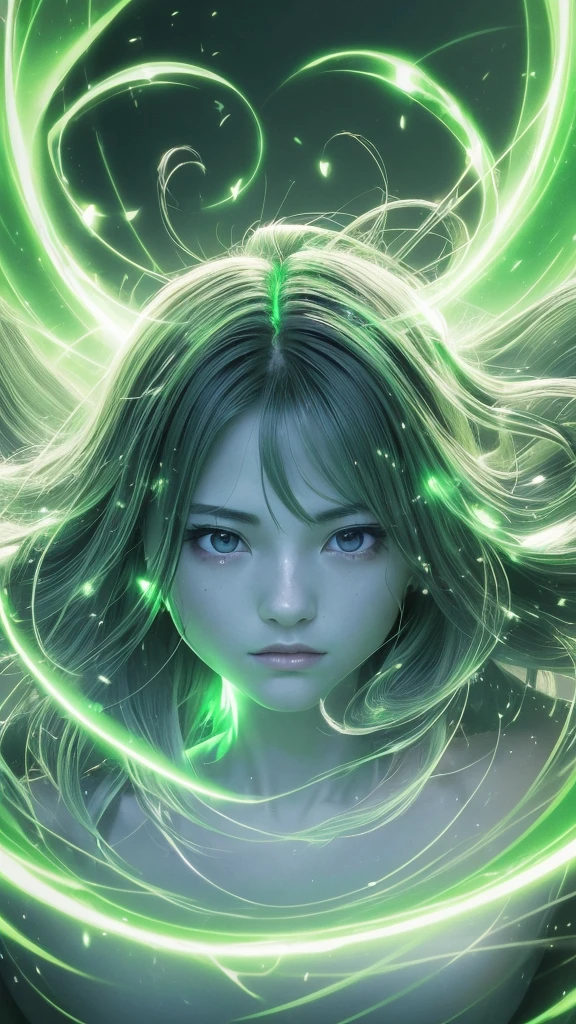 (((8k))), (((High resolution))),((Highest quality)),Beautiful Shrine Maiden,shrine,Upper body only,Close-up of face,beam from right hand,battle mode, green sparkling aura swirling around the body,fog,mystic atmosphere,Serious face,Ultra-realistic,8k,Ultra-fine,Super detailed