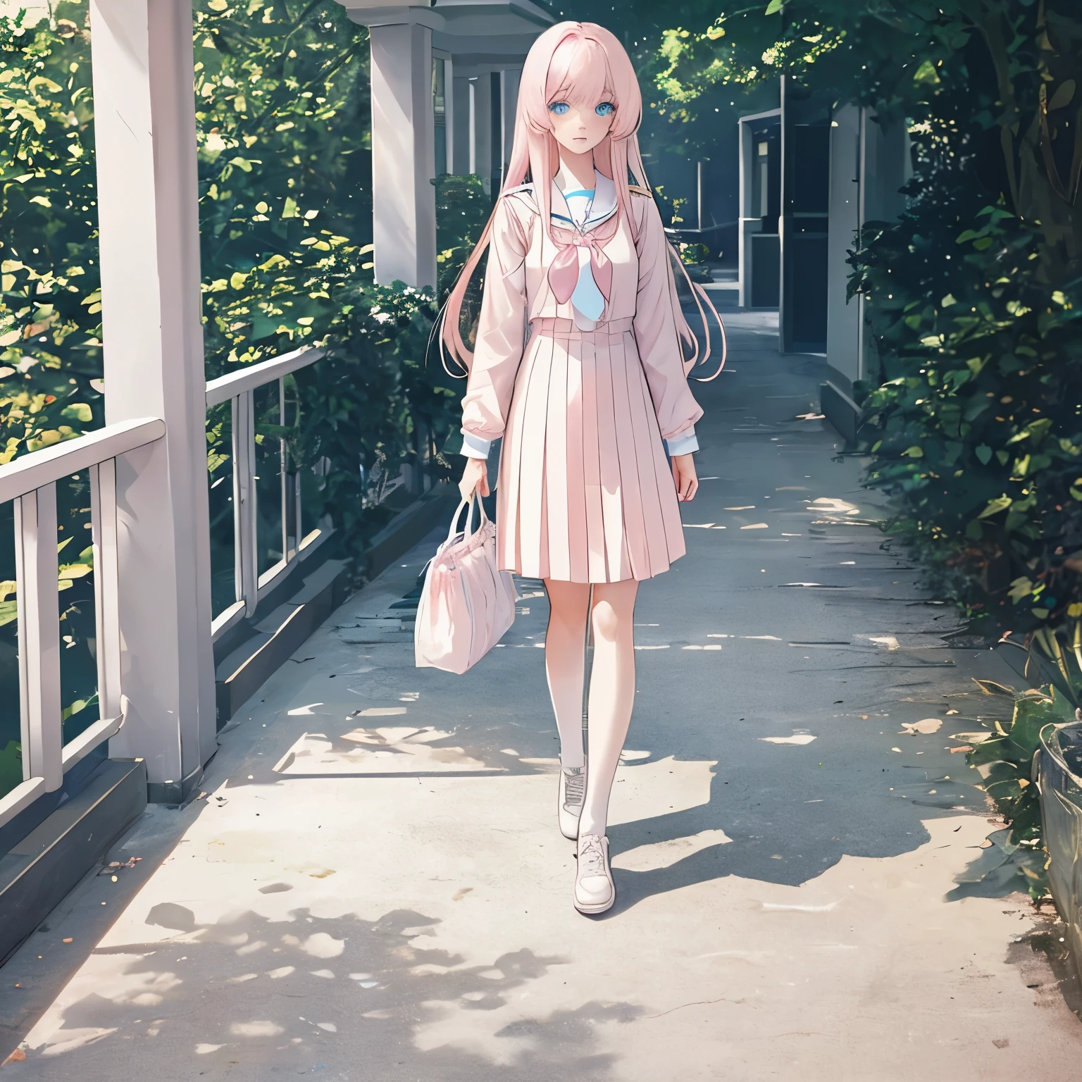 Light pink hair、Clear, beautiful light blue eyes、Wearing a uniform、So that your whole body can be seen、Walking through school、I have a bag
