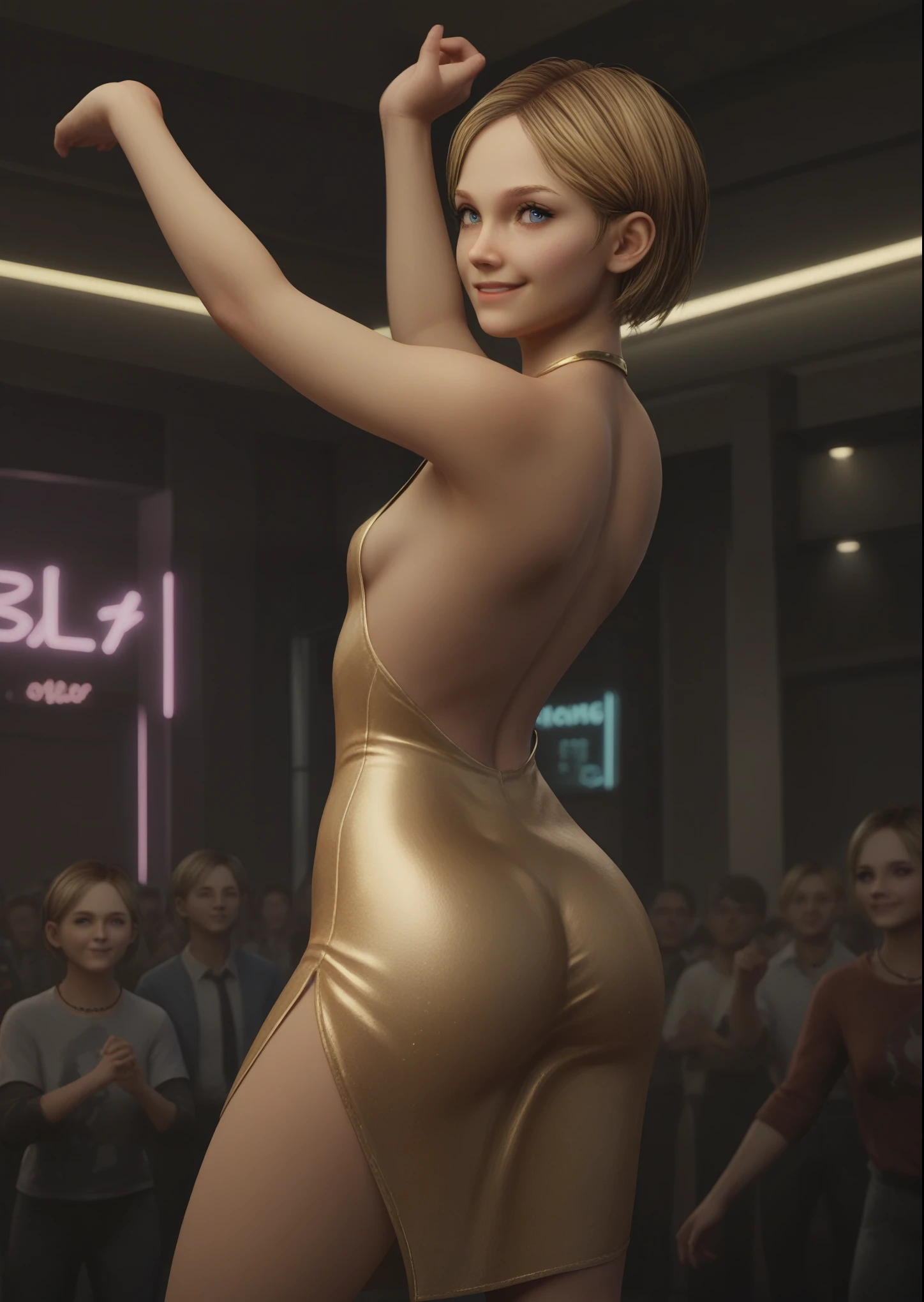 1girl, sarah miller, short hair, blonde hair, light blue eyes, small breasts, golden minidress, side slit, backless dress, wide hips, smile, solo focus, cowboy shot, dynamic pose, dancing, ass, indoors, club, neon lights, lighting, shadows, faceless crowd, background crowd, blurry background, source_realistic, (score_9, core_8_up, score_7_up, score_6_up)