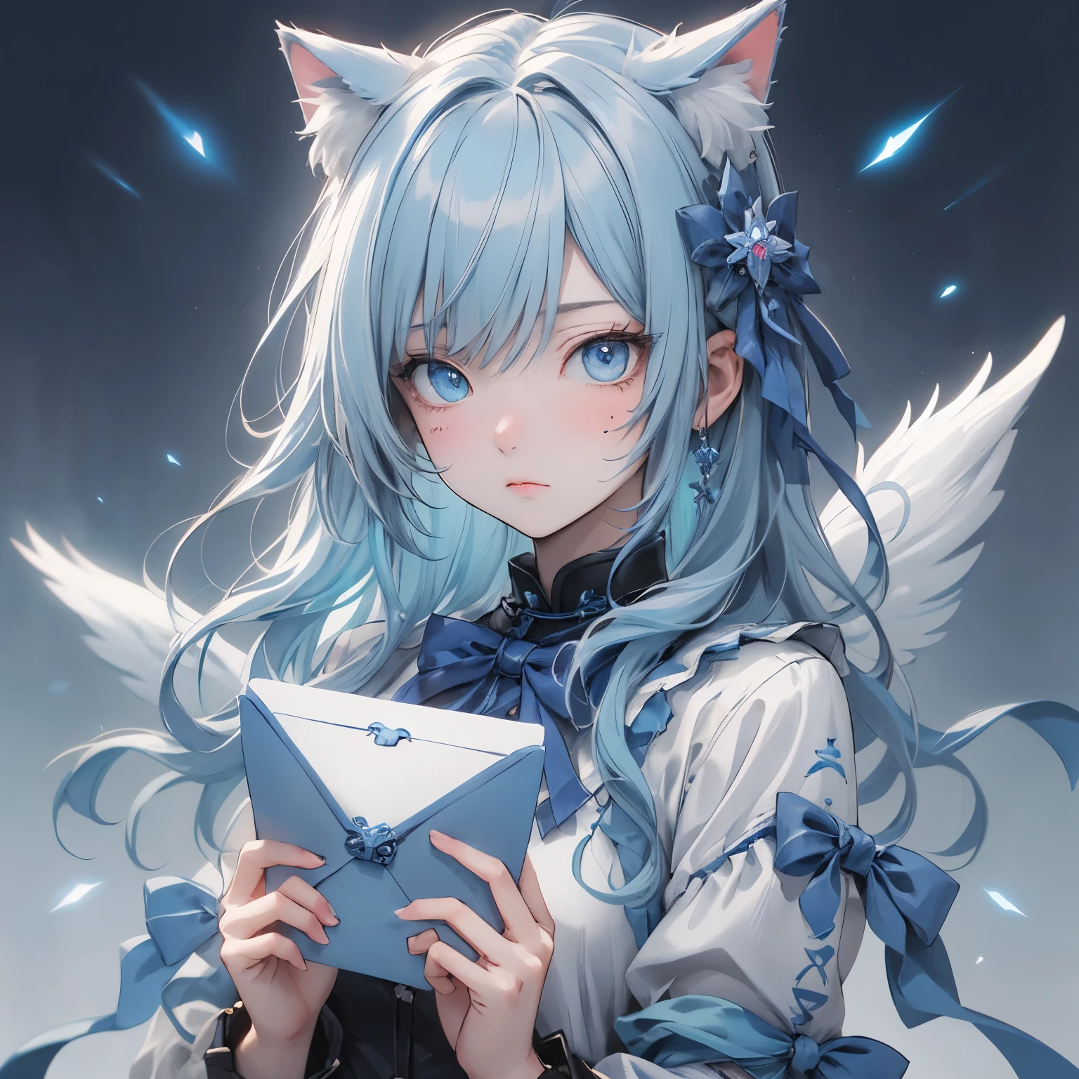 (masterpiece), Highest quality, Ultra-high resolution,Cat ears with a pale blue ribbon、Light blue hair、Light blue eyes、Light blue clotheoon:1.3)、(Having a letter:1.3)、Post、painful