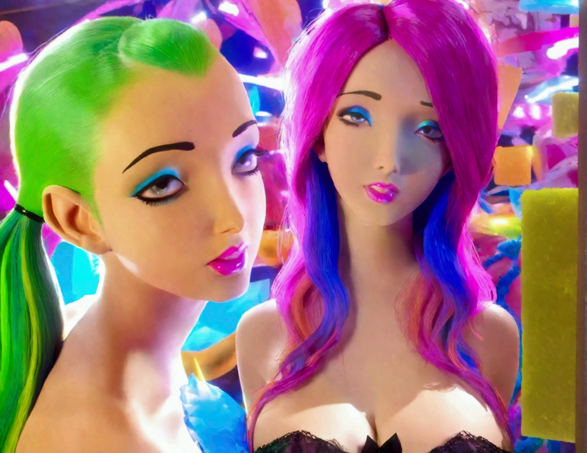 a beautiful young woman, (1girl:1.2), detailed face, detailed eyes, detailed lips, long eyelashes, colorful sheer fabrics, bright colored hair, erotic dance, seedy candyland bar, dangerous crowd of gummy creatures and gummy villains, cinematic lighting, vibrant colors, neon lights, glowing, dreamlike, surreal, psychedelic, (best quality,4k,8k,highres,masterpiece:1.2),ultra-detailed,(realistic,photorealistic,photo-realistic:1.37) caption at the top or bottom in gun shot letters is 'Sticky Sweet!' (Show all of her from head to toe, show her entire body)