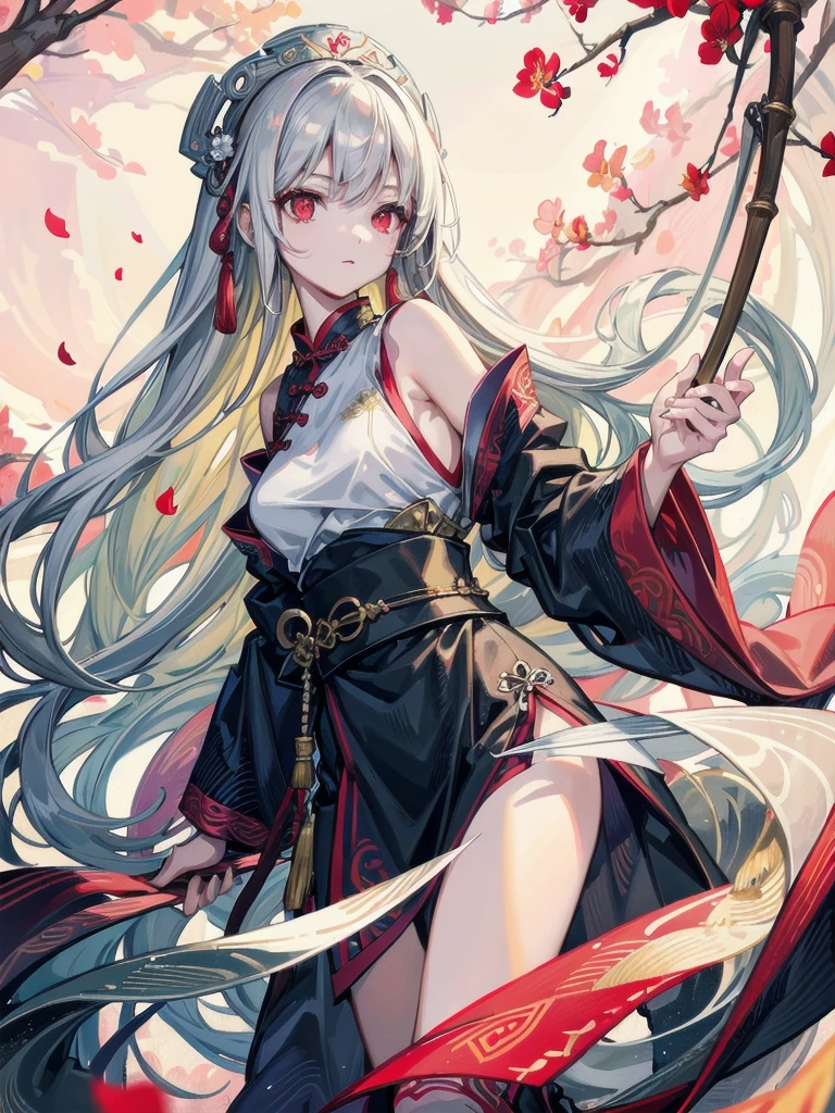 (masterpiece:1.3),intricate, (best quality:1.1), ((1girl)), ((solo)), (red eyes:1.4), (finely detailed eyes and detailed face:1.3), (beautiful and clear background:1.2), (extremely detailed CG, ultra-detailed, best shadow:1.1), ((depth of field)), ((watercolor)), ((bamboo forest)),(rich background),(goddess:1.5), (Chinese style),(Han Chinese Clothing:1.3),(Swordsman: 1.3),(swordsman:1.5),large breasts, bare shoulders,flowers,(petals), beautiful concept illustration, (white background:0.5), (illustration:1.1), (extremely fine and beautiful:1.1), (perfect details:1.1), from side, cowboy shot,(red:0.4,blue0.3,green:0.7)