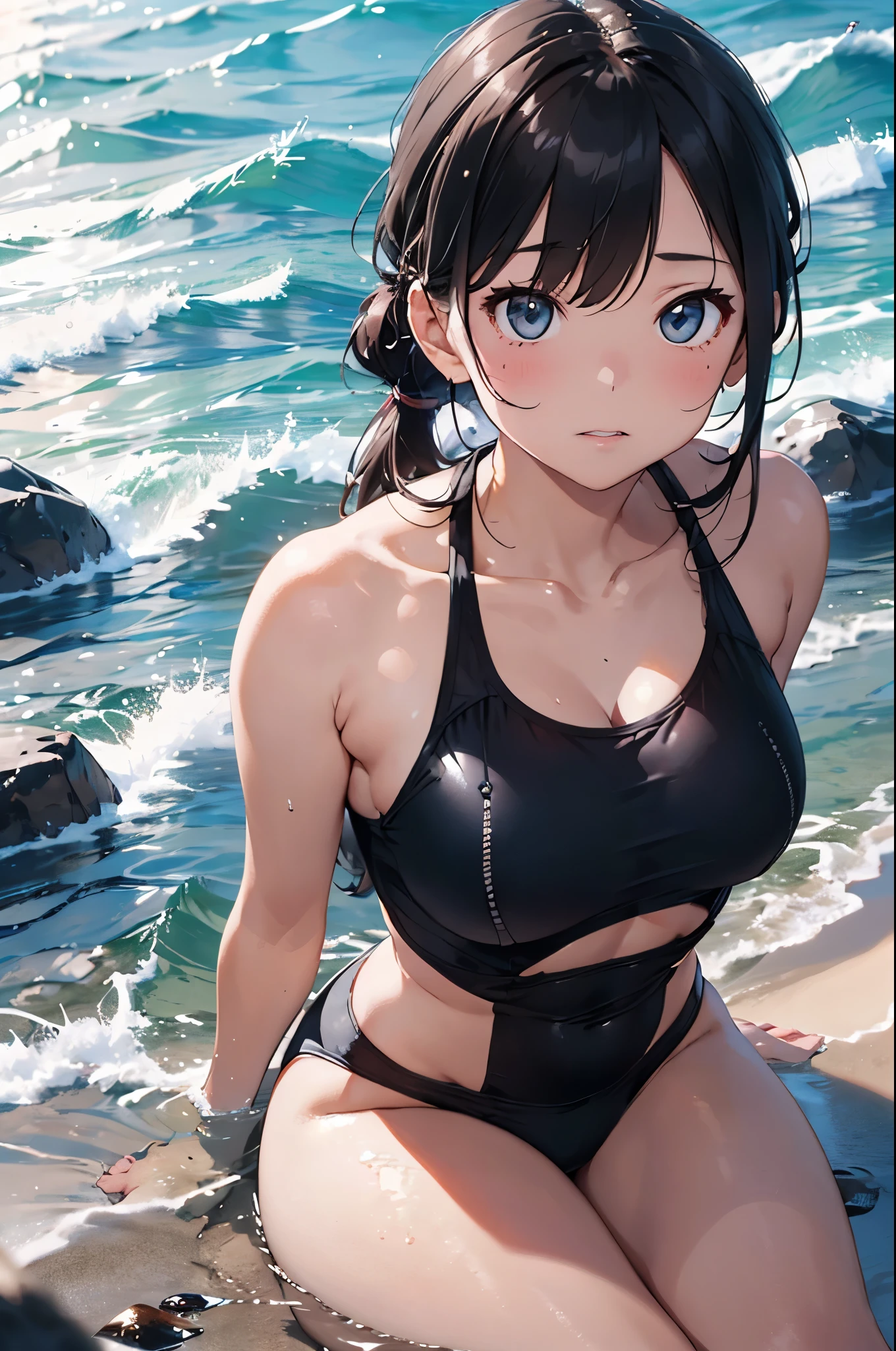 Girl in swimsuit、Realistic competitive swimsuit 、Beach、high school student、Black hair pigtails、Boob proportions,Anatomically correct skeleton,(solo:1.6)、