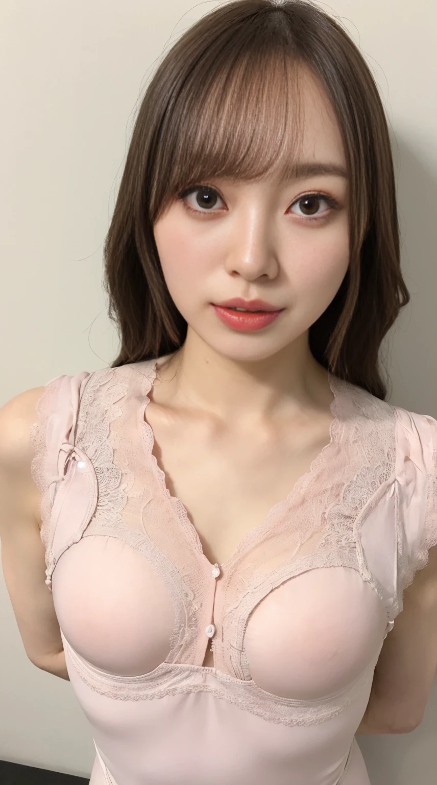 ((Night, Real Light, Best Quality, 8k, Masterpiece: 1.3)), Glamour Body Shape Beautiful Girl: 1.4, (Brown Hair, Short Cut, Colossal: 1.3), Pale pink sexy underwear with lace, Lying on bed, Open legs, Ultra detailed face, Detailed eyes, Double eyelids