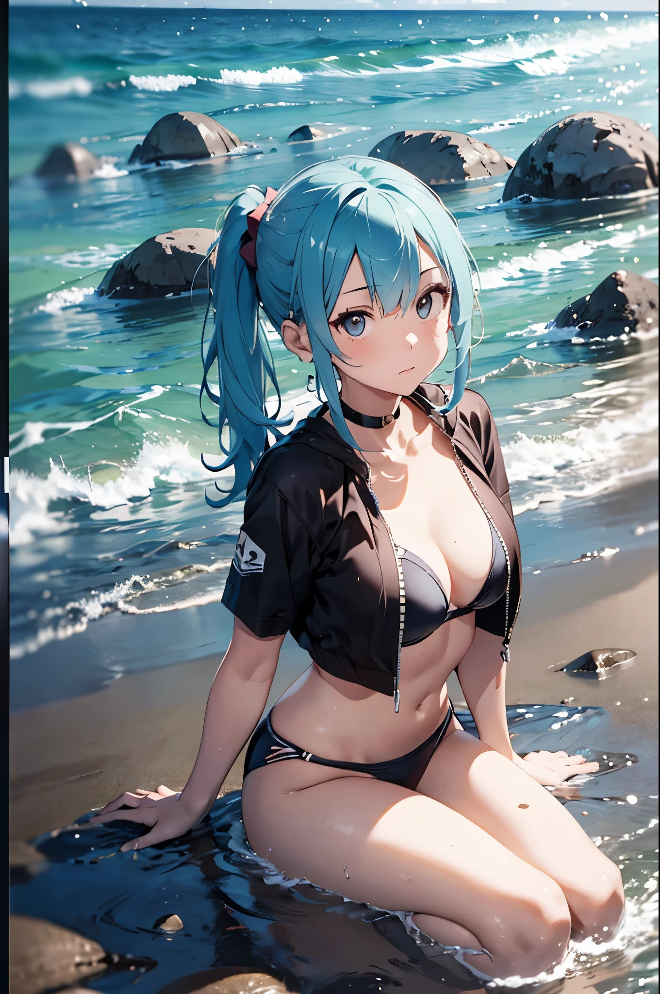 High resolution,topless、
One beautiful young woman,Light blue hair、ponytail、
(Soft Saturation:1.3), (Fair skin:1.2),
(ultra-Detailed Background, Detailed Background), Bokeh,
break&#39;Portrait of a smiling girl.,
When viewed from the front, The composition is symmetrical,
Looking straight at you with serious eyes,
break Swimwear, White Bikini, Center of chest, 
Outdoor, Sea surface, null, sunlight,Summer beach, Sandy Beach,
Strong light, Front lighting, 
(Teen:1.3), (Cowboy Shot:1.2),
Front brake angle,
View your viewers,
Dynamic pose,
sitting on the beach

Seaweed、Seaweed、Seaweed、Seaweed、Seaweed、Seaweed、Seaweed、