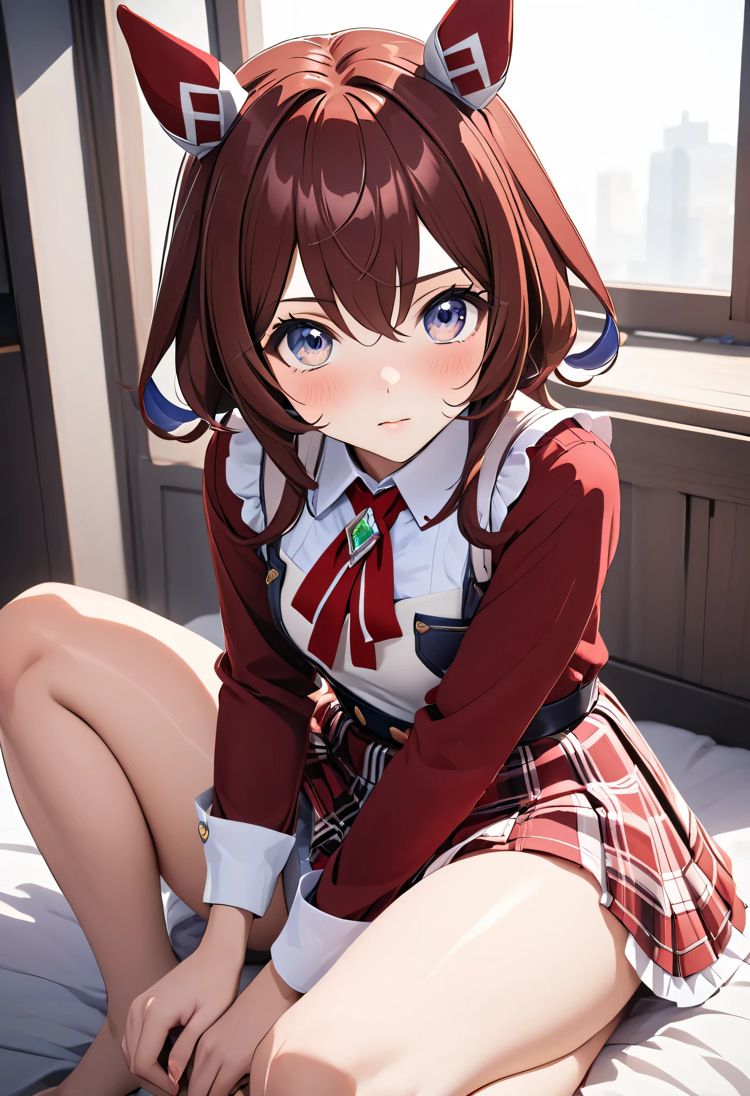 1girl,win_variation\(umamusume\),horse tail,horse ears, red clothes,skirt,shiny skin,from side,looking at viewer,blush,hugging own legs,hands on knees,knees to chest,sit on the ground,crotch focus,lower body focus,plaid panties shot,indoors,i can see pink latex panties,((cameltoe)),bed room,ai-generated,,beautiful eyes,masterpiece,best quality,highres,4k,8k