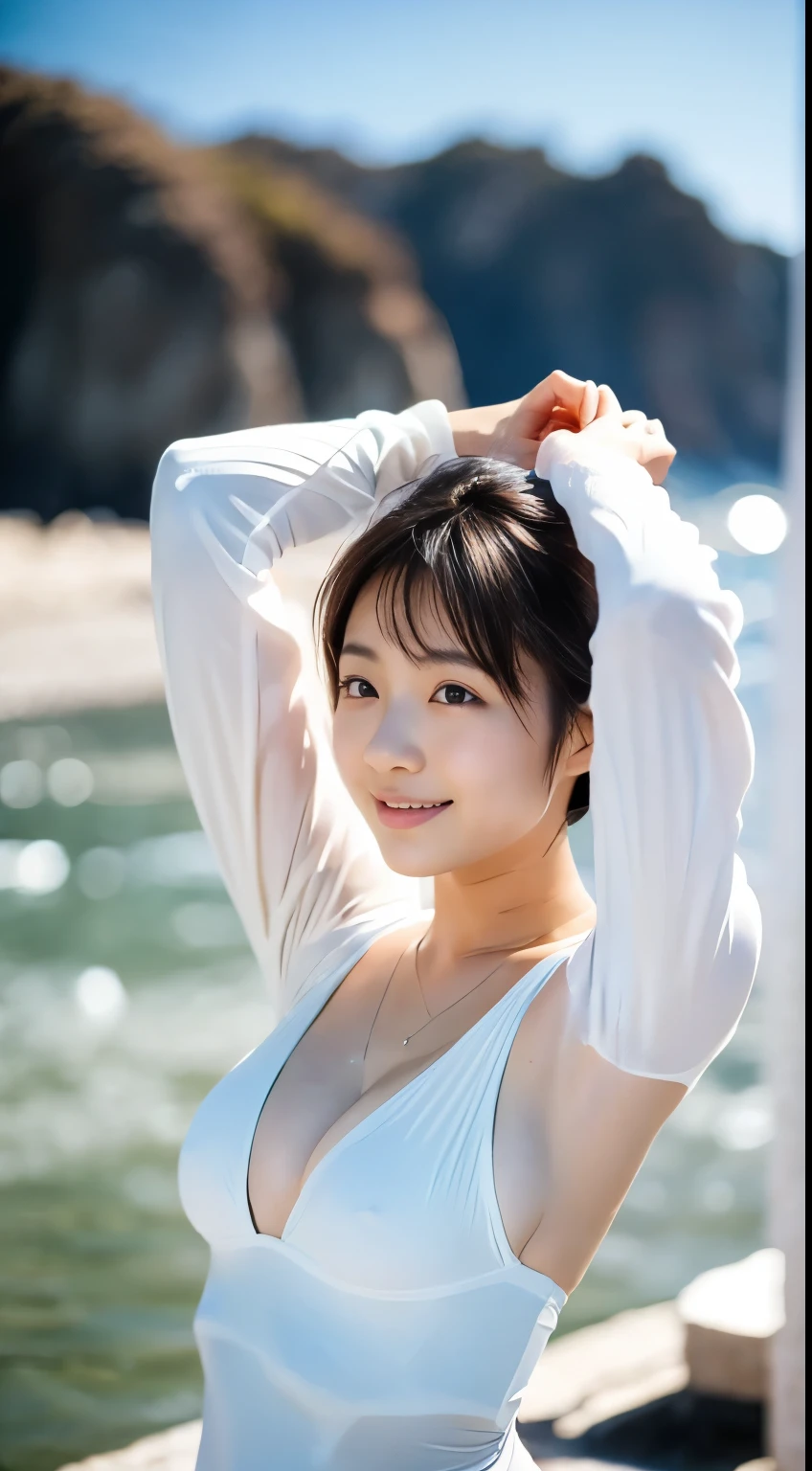White swimsuit:2.0, Japanese Girls, (White skin:0.1), Windに揺れる長い髪,very thin body,Winter Sea、 (Fine skin:1.4), Realistic, Film Grain, Strike a Pose, Wind,(Put your hands behind your head:0.8),