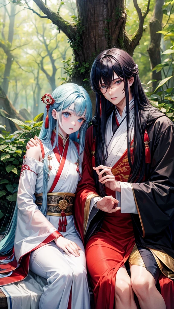 2 young men, without a beard, long blue hair, long red hair, blue eyes, Red eyes, White skin, Blue clothes, red clothes, China, Hanfu, In the woods